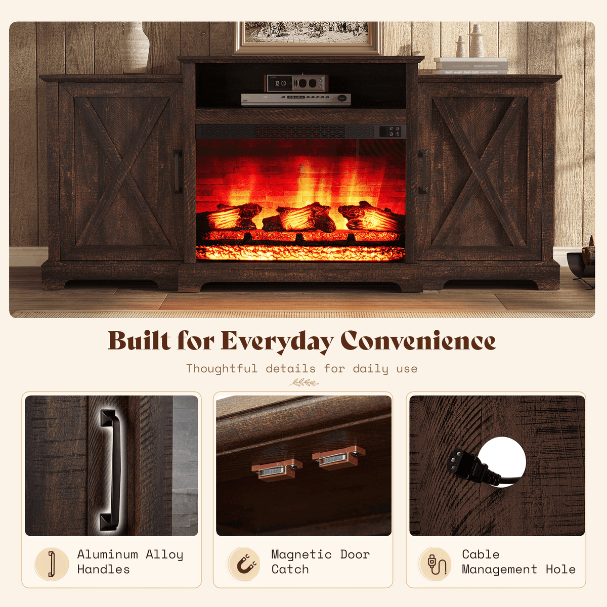 Vista Extra-Wide Fireplace TV Stand Amerlife 70" / Rustic Brown