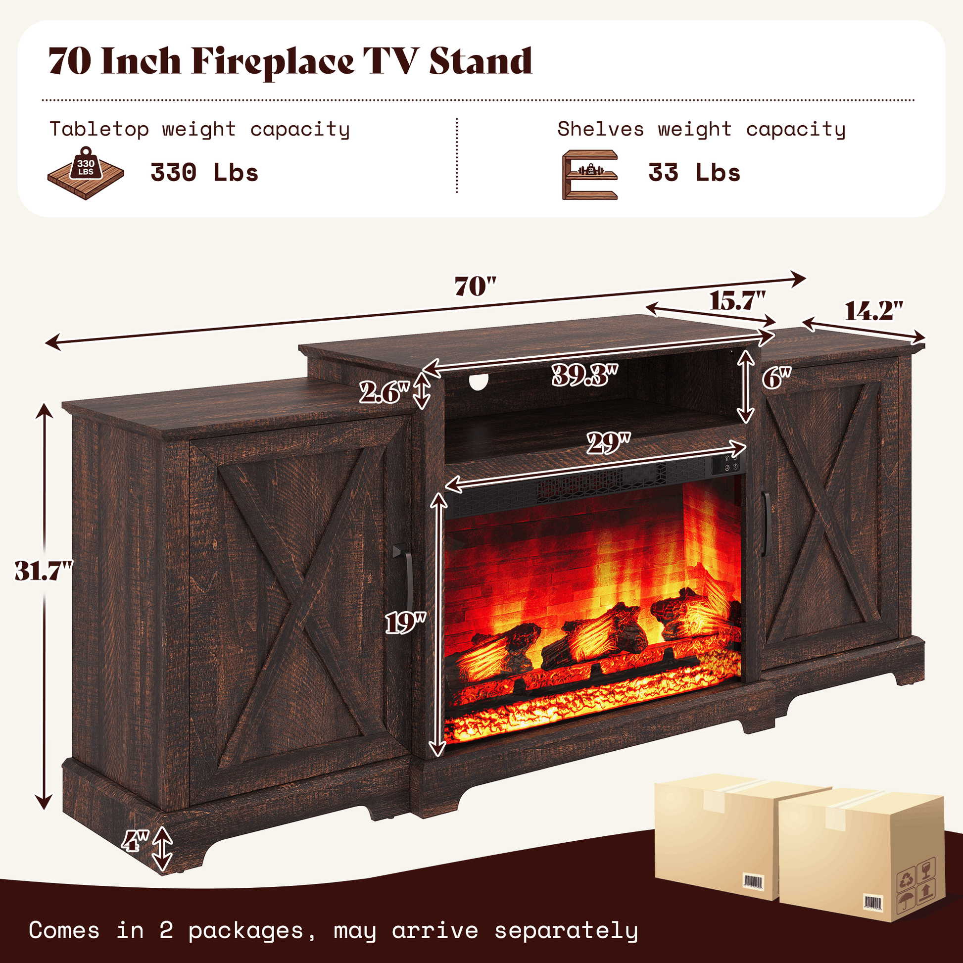 Vista Extra-Wide Fireplace TV Stand Amerlife 70" / Rustic Brown