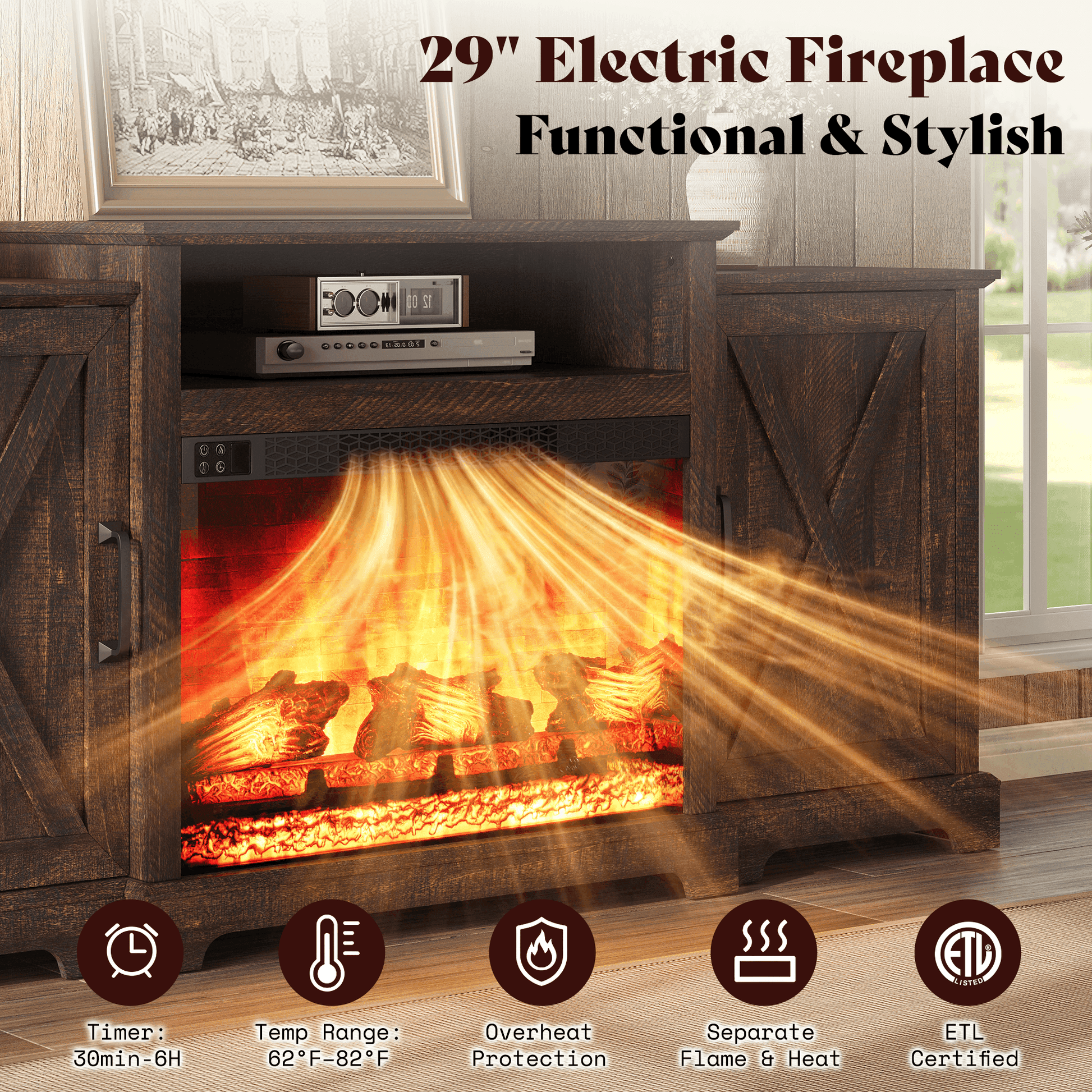 Vista Extra-Wide Fireplace TV Stand Amerlife 70" / Rustic Brown