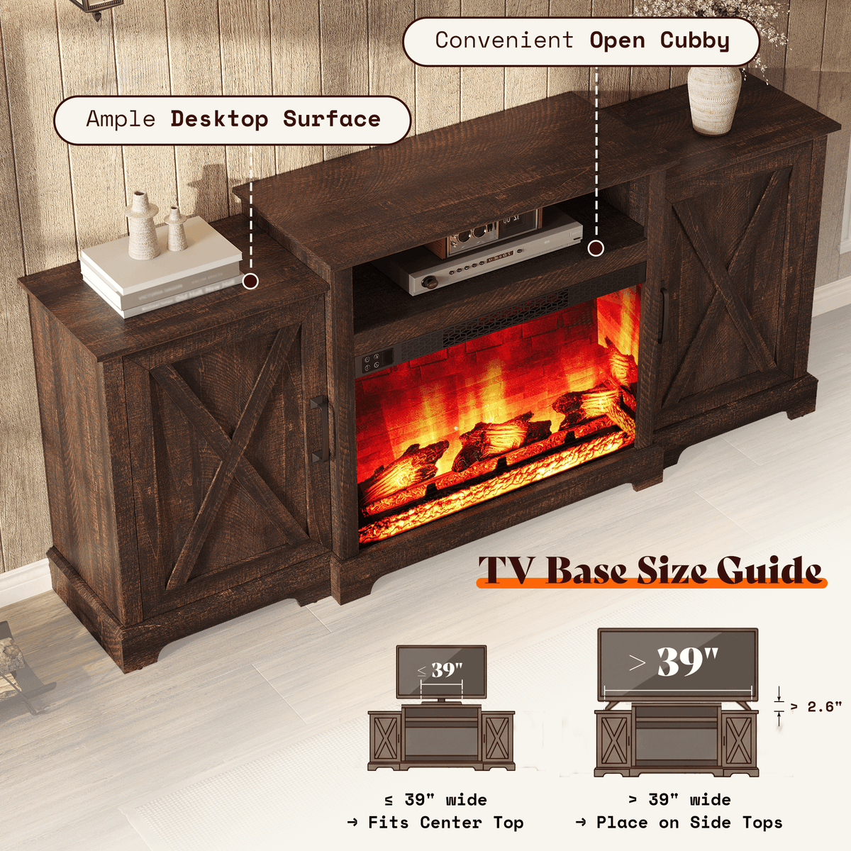 Vista Extra-Wide Fireplace TV Stand Amerlife 70" / Rustic Brown