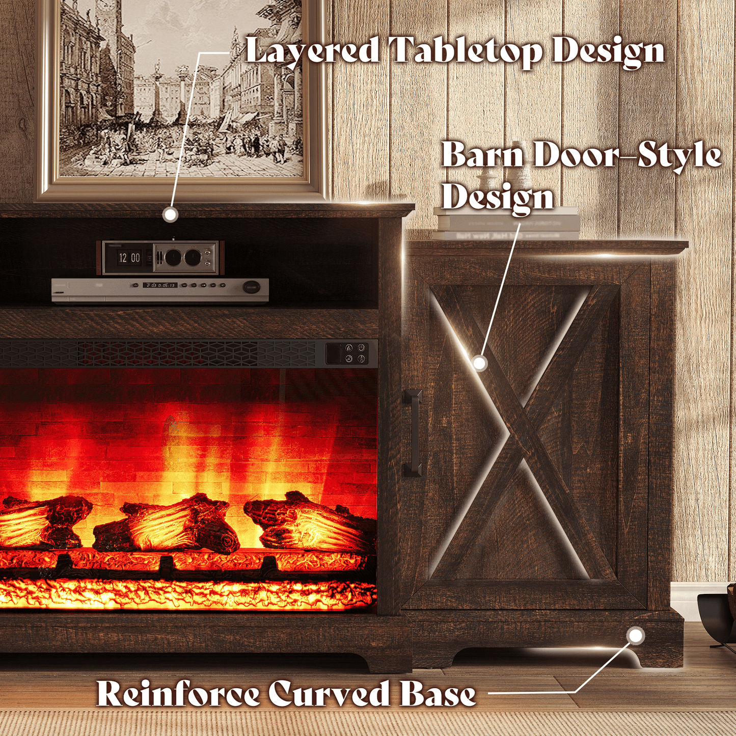 Vista Extra-Wide Fireplace TV Stand Amerlife 70" / Rustic Brown