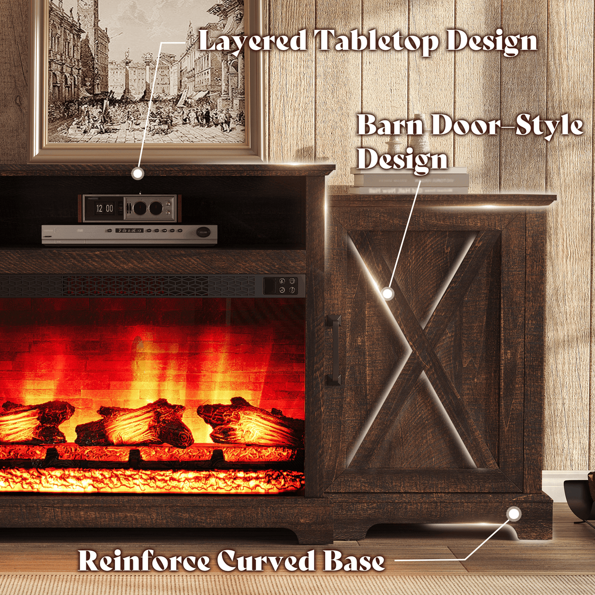 Vista Extra-Wide Fireplace TV Stand Amerlife 70" / Rustic Brown