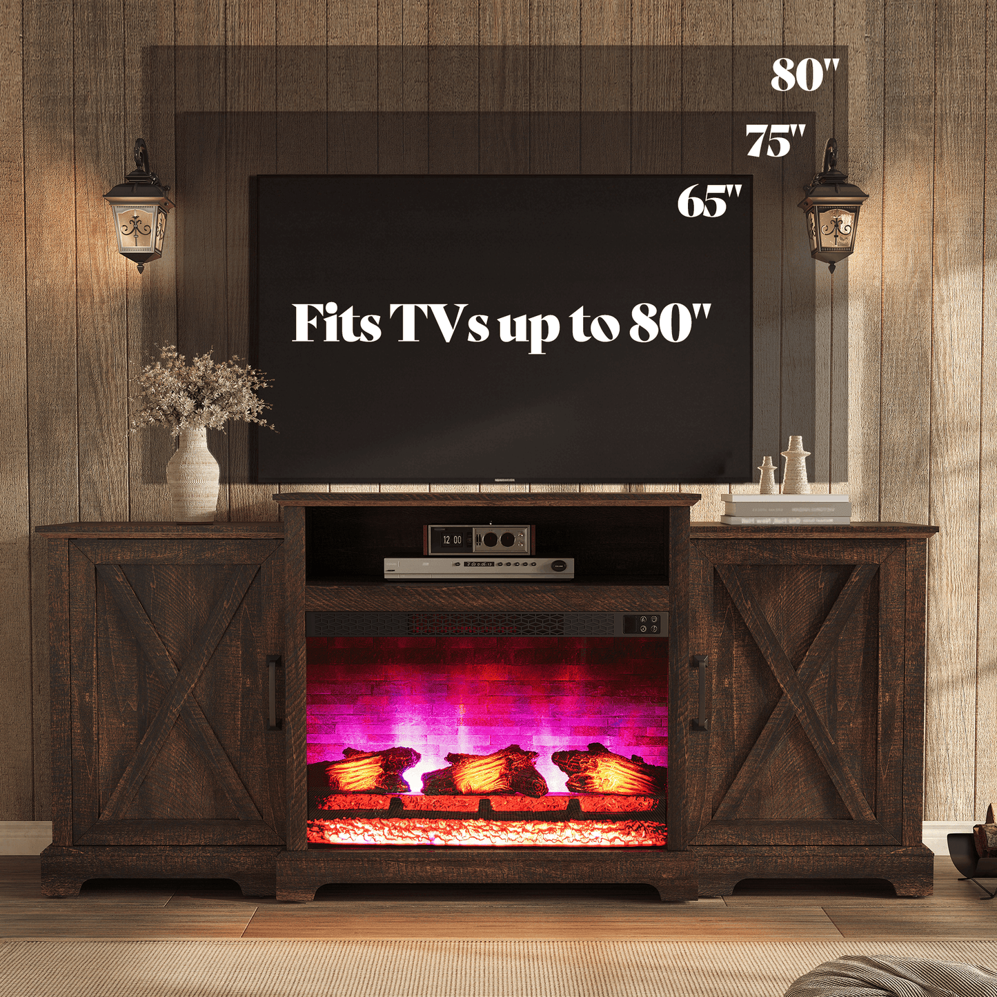 Vista Extra-Wide Fireplace TV Stand Amerlife 70" / Rustic Brown
