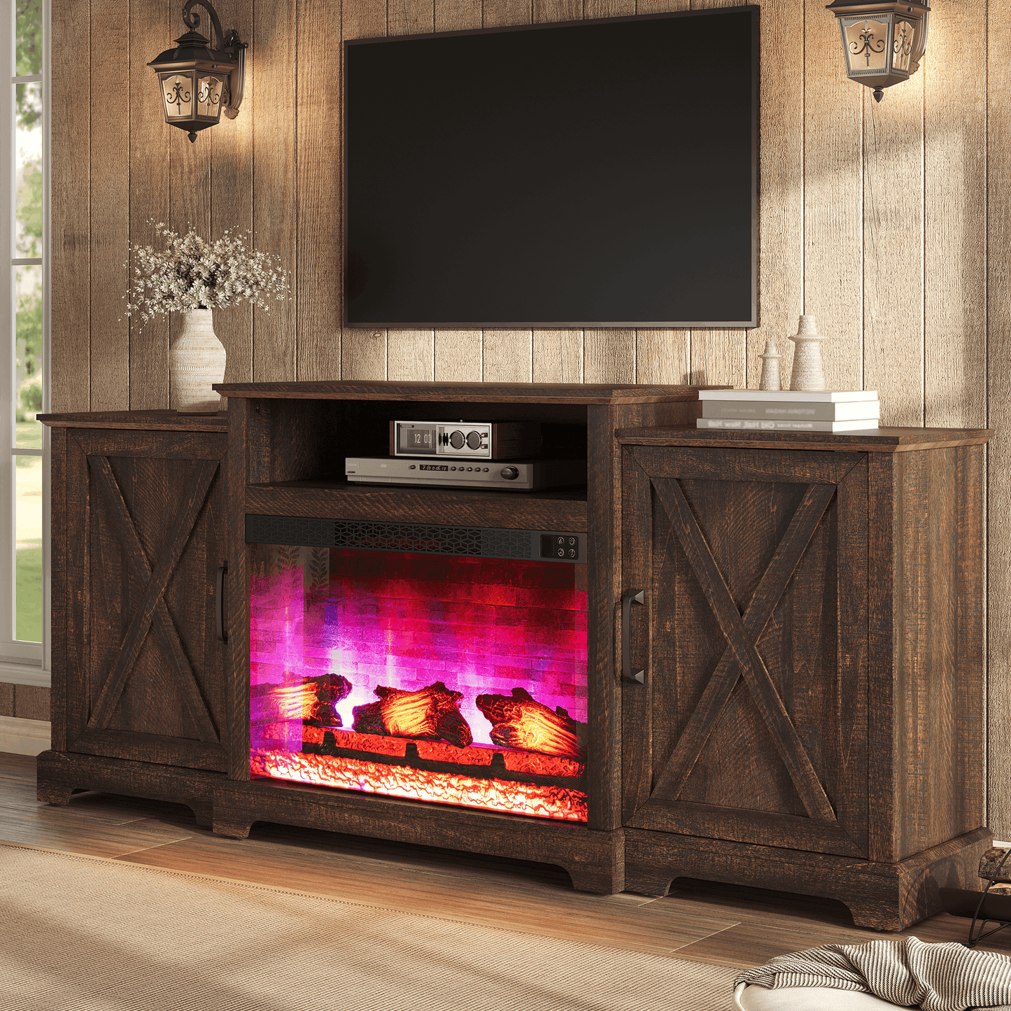 Vista Extra-Wide Fireplace TV Stand Amerlife 70" / Rustic Brown