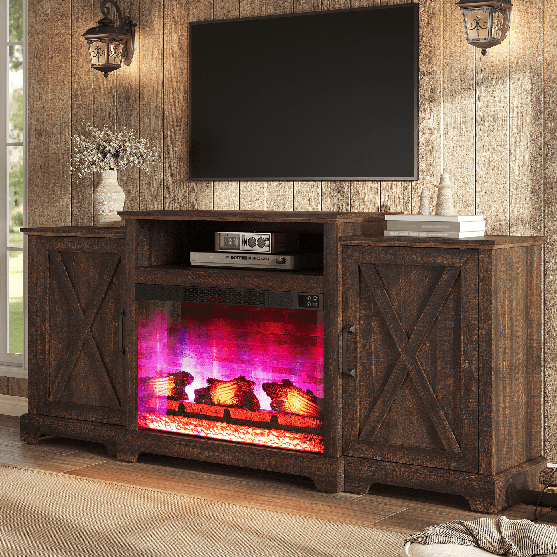 Vista Extra-Wide Fireplace TV Stand Amerlife 70" / Rustic Brown