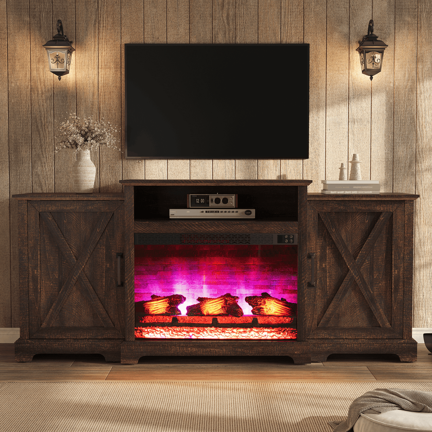 Vista Extra-Wide Fireplace TV Stand Amerlife 70" / Rustic Brown