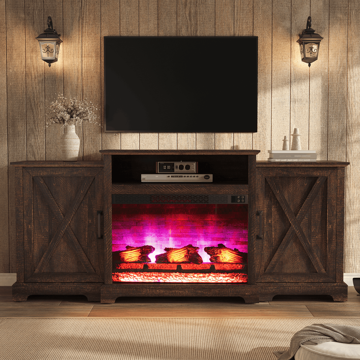 Vista Extra-Wide Fireplace TV Stand Amerlife 70" / Rustic Brown