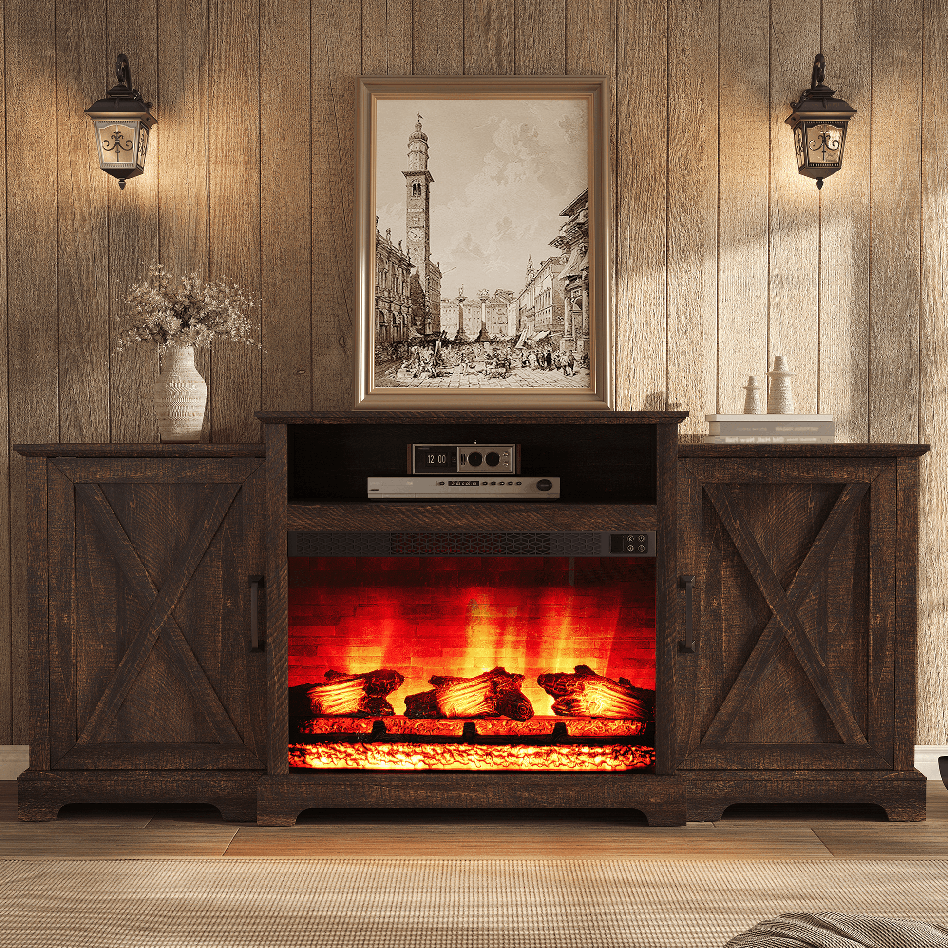 Vista Extra-Wide Fireplace TV Stand Amerlife 70" / Rustic Brown