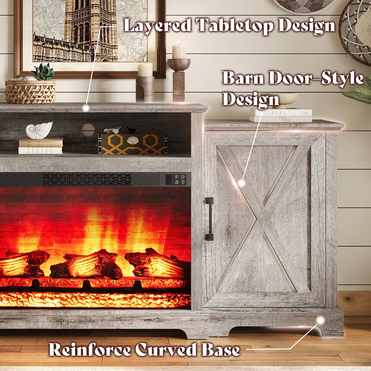 Vista Extra-Wide Fireplace TV Stand Amerlife 70" / Light Grey