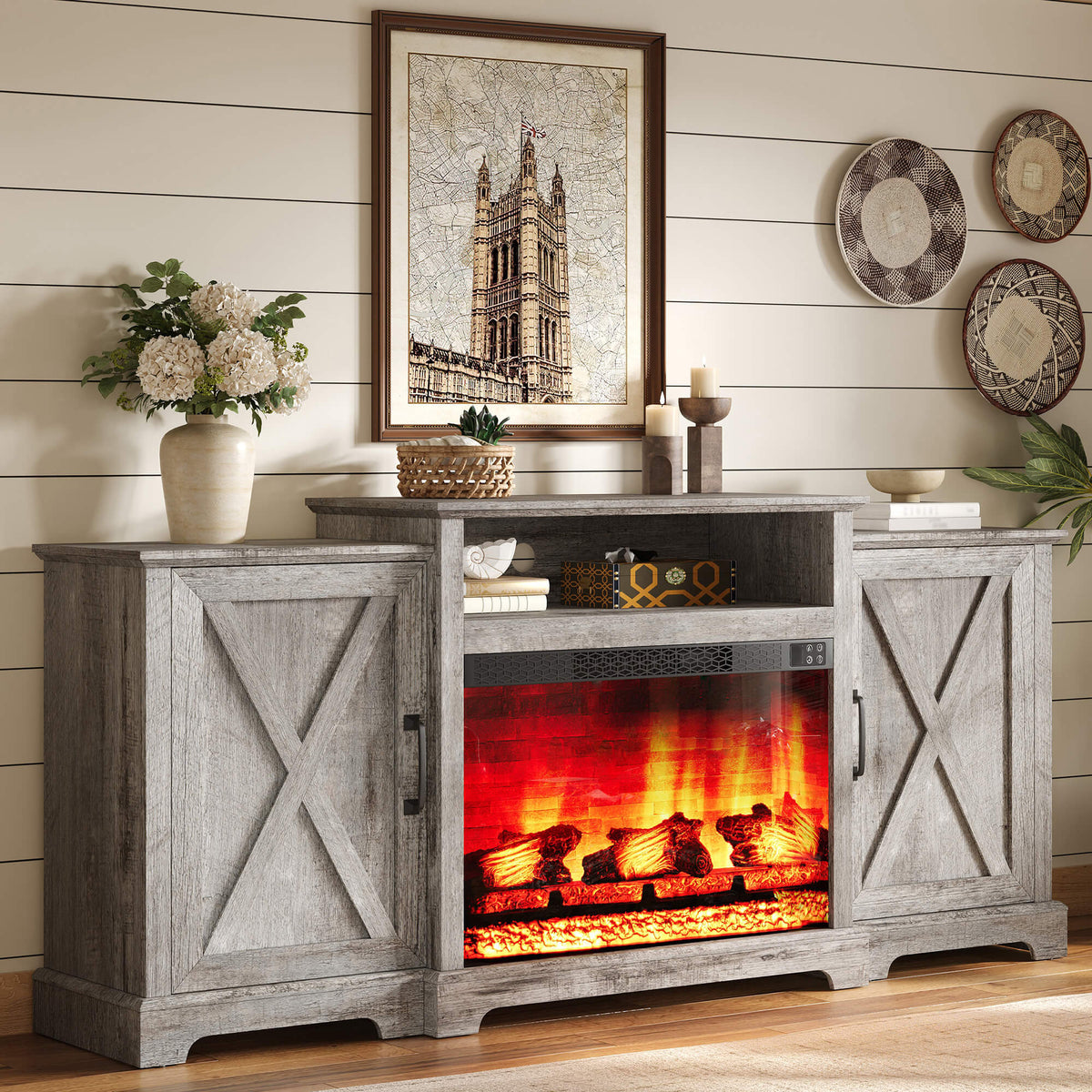 Vista Extra-Wide Fireplace TV Stand Amerlife 70" / Light Grey