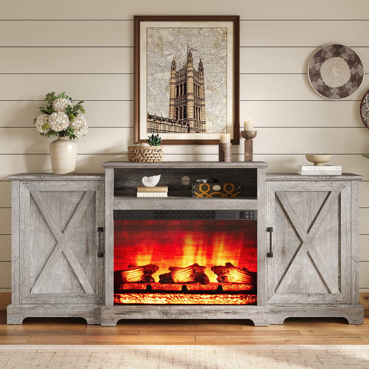 Vista Extra-Wide Fireplace TV Stand Amerlife 70" / Light Grey
