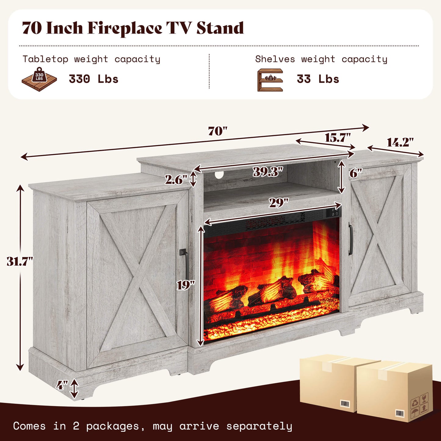 Vista Extra-Wide Fireplace TV Stand Amerlife 70" / Light Grey