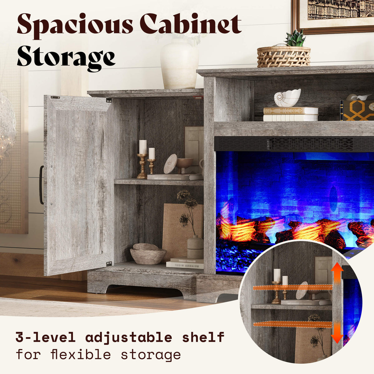 Vista Extra-Wide Fireplace TV Stand Amerlife 70" / Light Grey