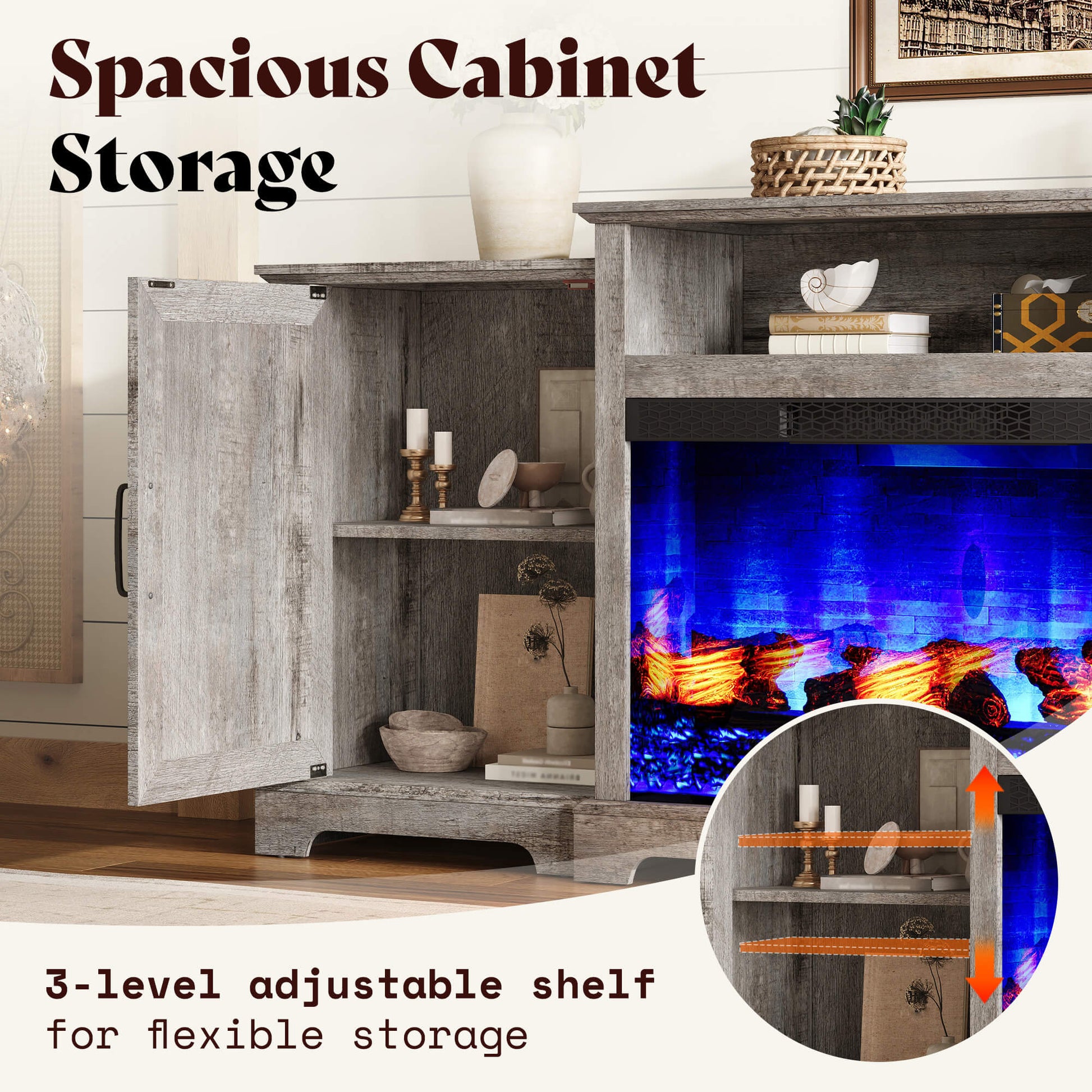Vista Extra-Wide Fireplace TV Stand Amerlife 70" / Light Grey