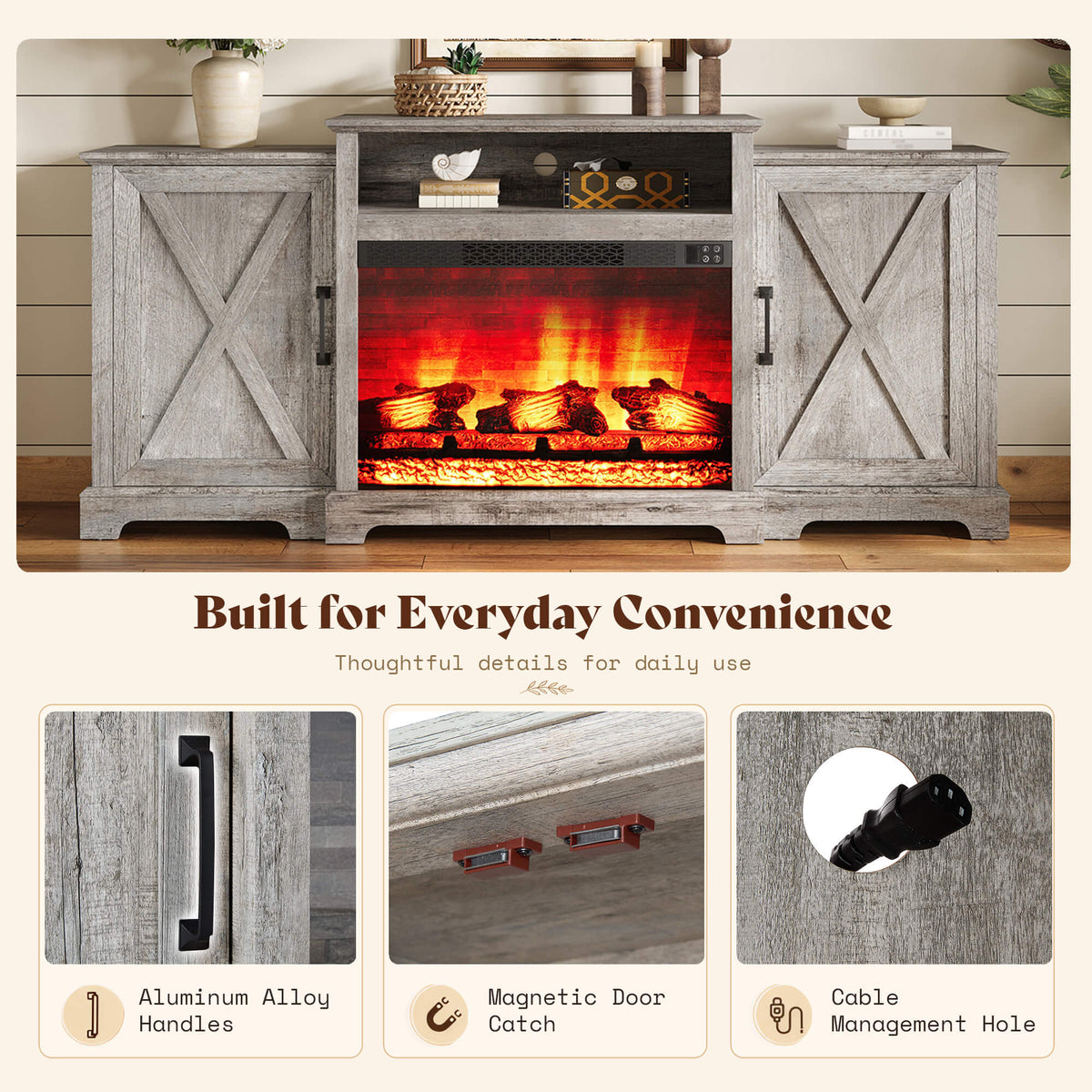 Vista Extra-Wide Fireplace TV Stand Amerlife 70" / Light Grey