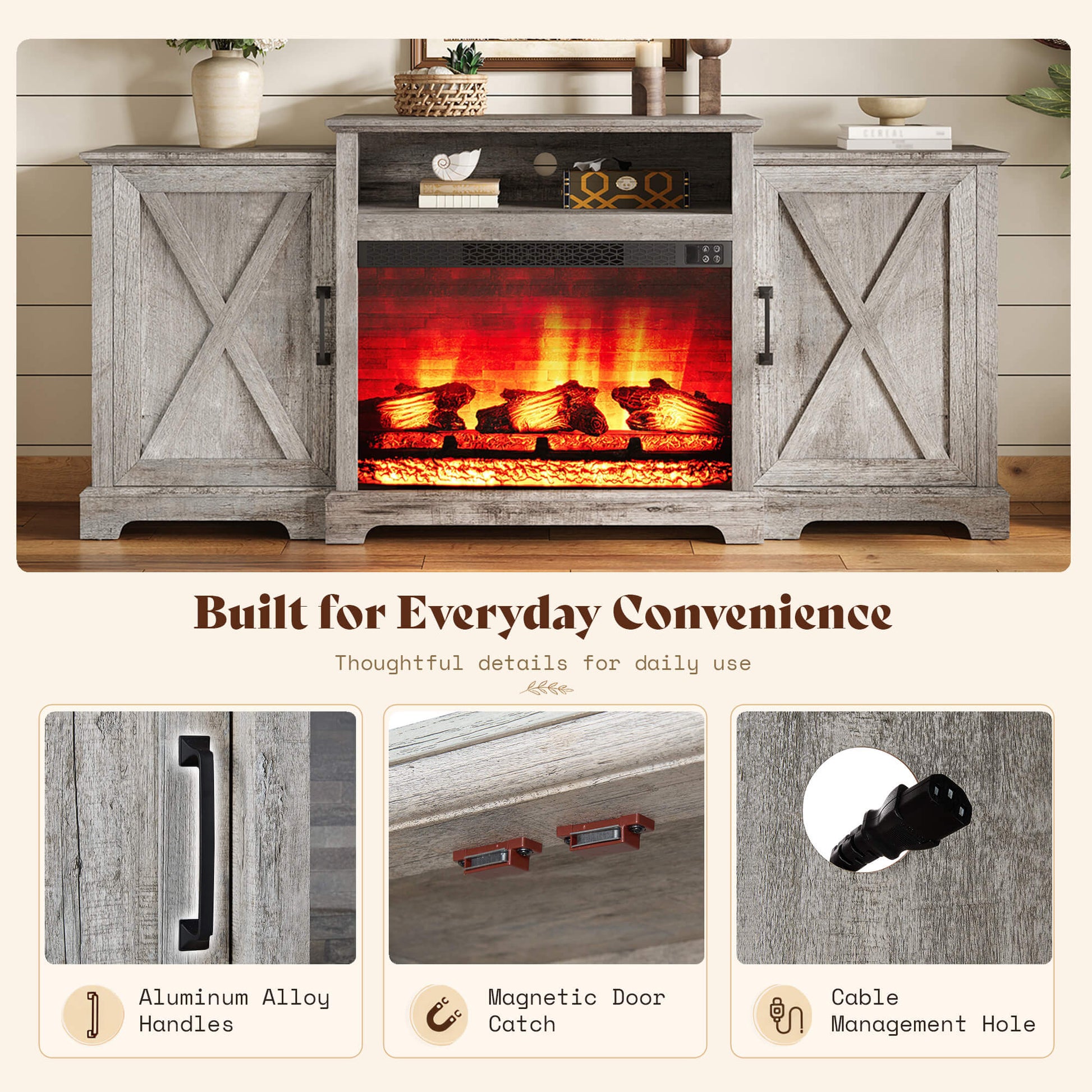 Vista Extra-Wide Fireplace TV Stand Amerlife 70" / Light Grey