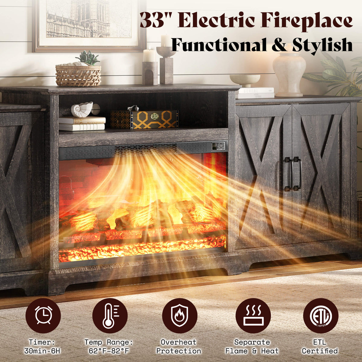 Vista Extra-Wide Fireplace TV Stand Amerlife 97" / Rustic Black