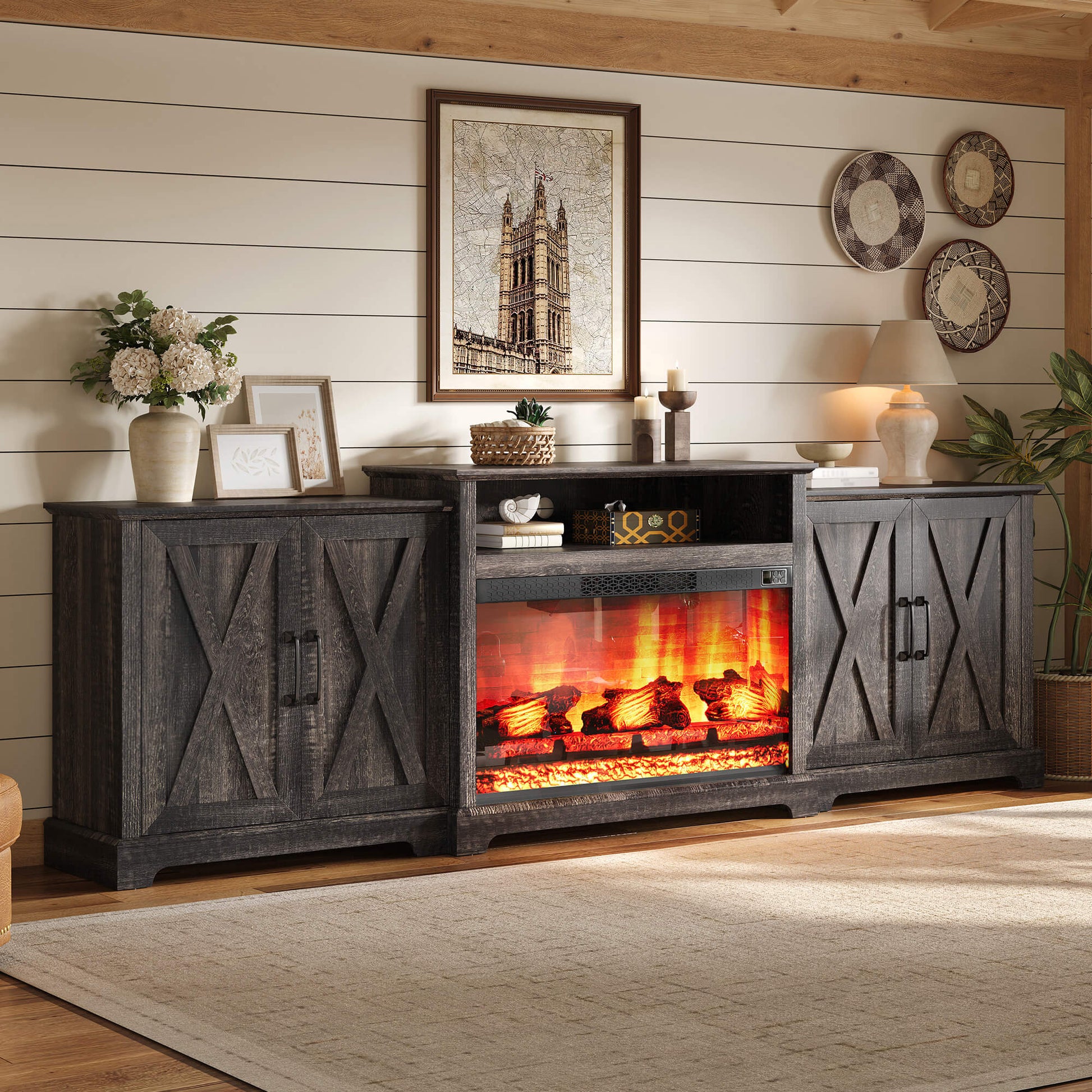 Vista Extra-Wide Fireplace TV Stand Amerlife 97" / Rustic Black