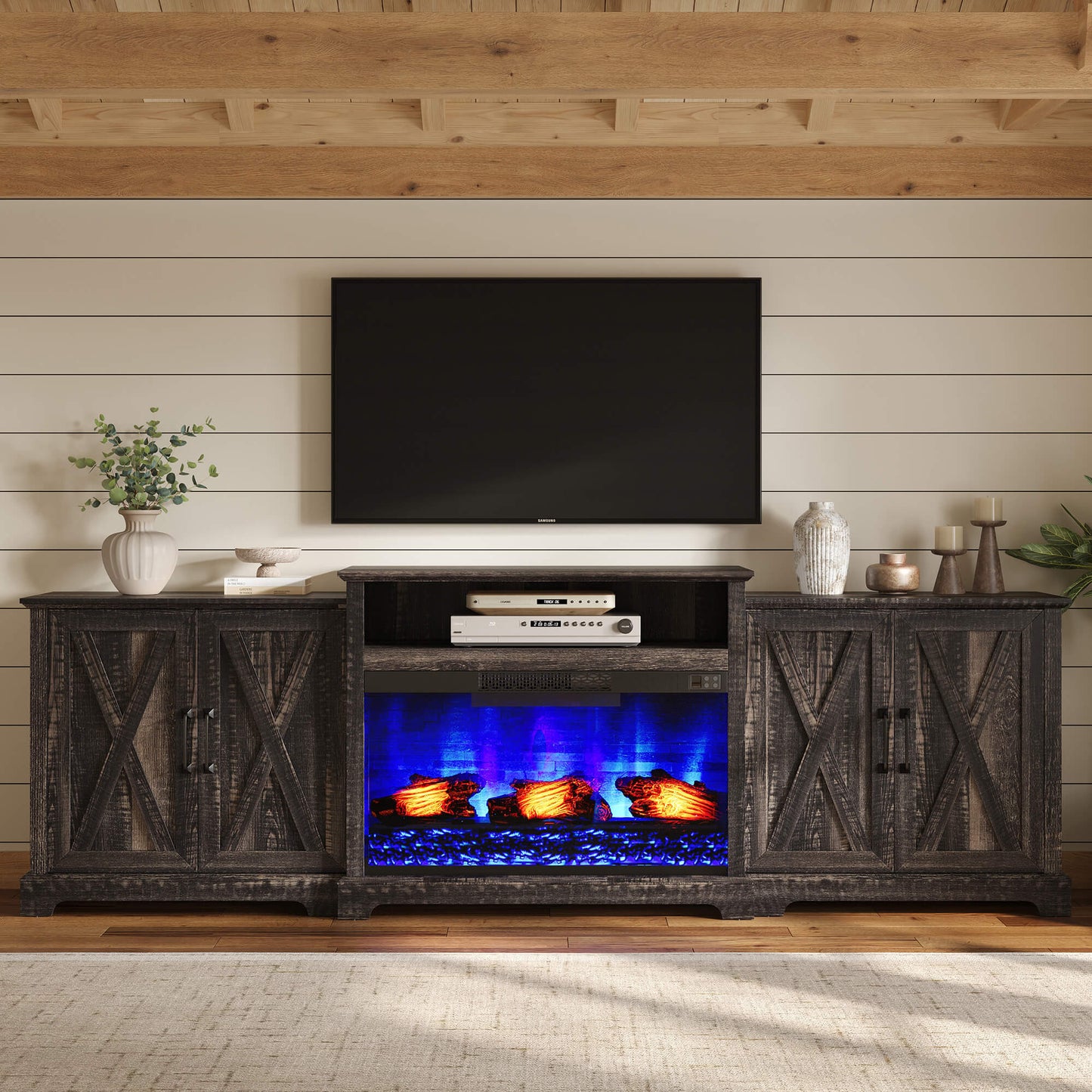 Vista Extra-Wide Fireplace TV Stand Amerlife 97" / Rustic Black