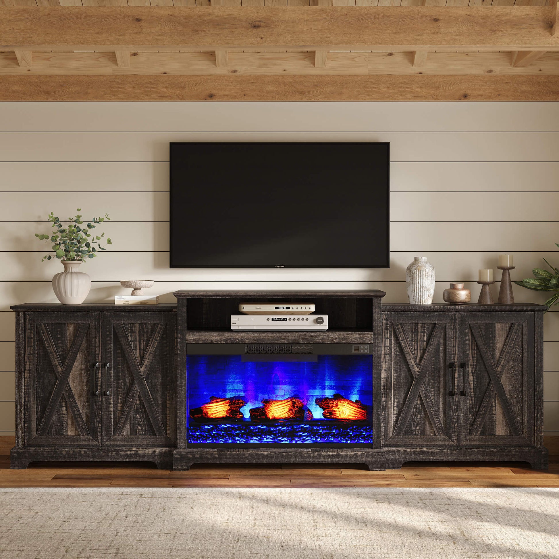Vista Extra-Wide Fireplace TV Stand Amerlife 97" / Rustic Black