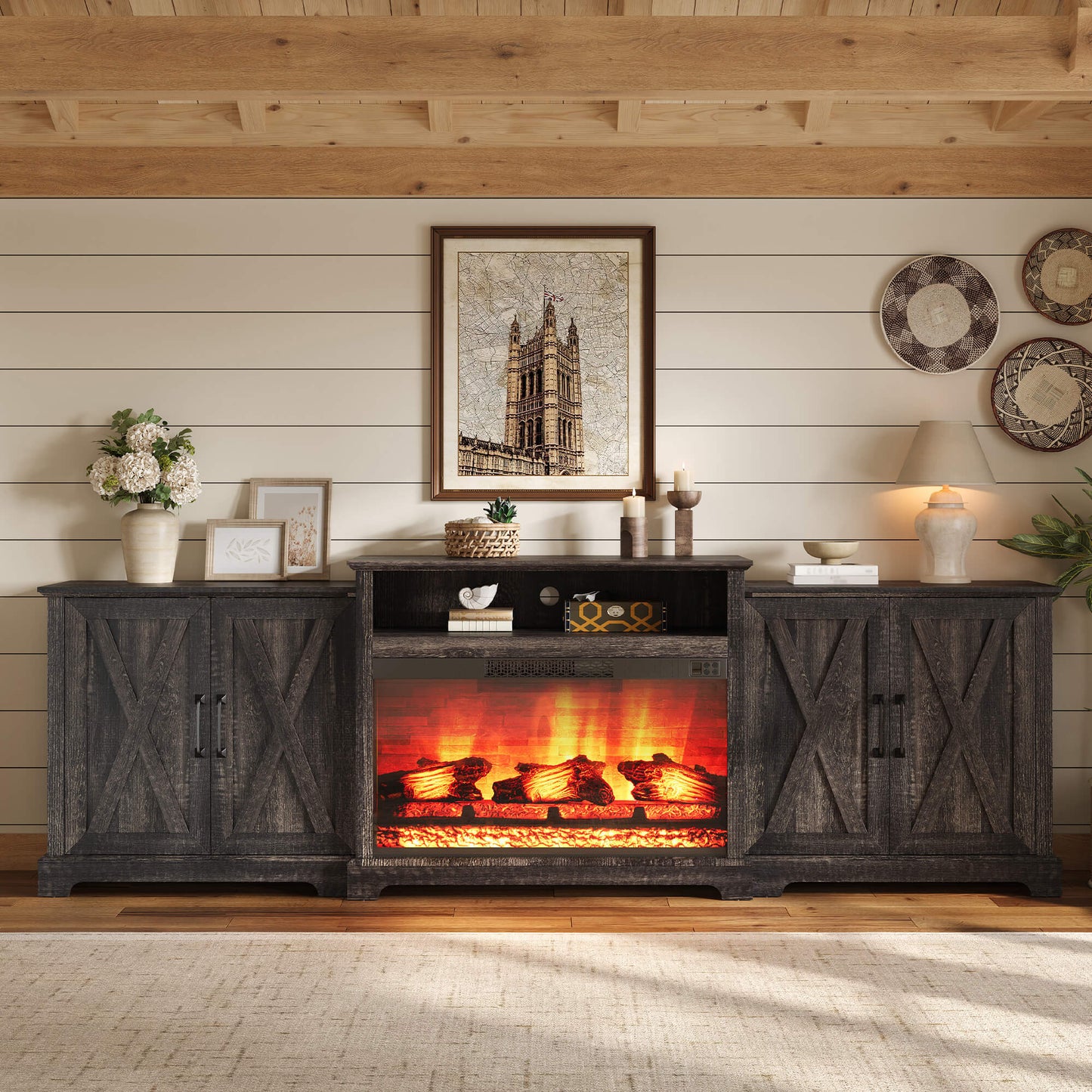 Vista Extra-Wide Fireplace TV Stand Amerlife 97" / Rustic Black