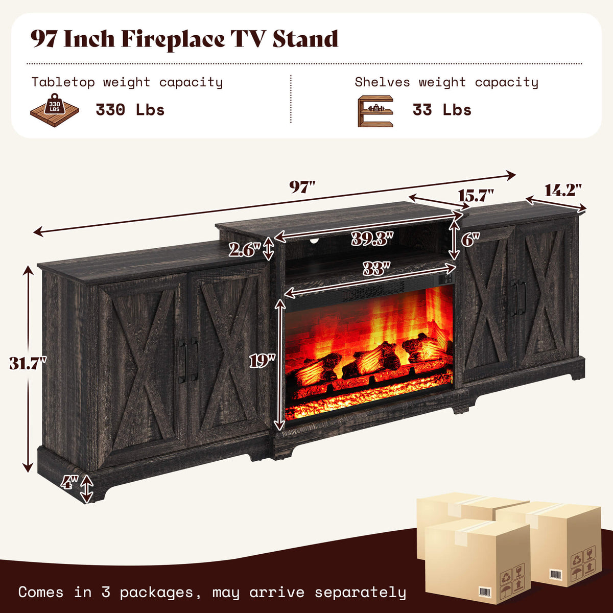 Vista Extra-Wide Fireplace TV Stand Amerlife 97" / Rustic Black