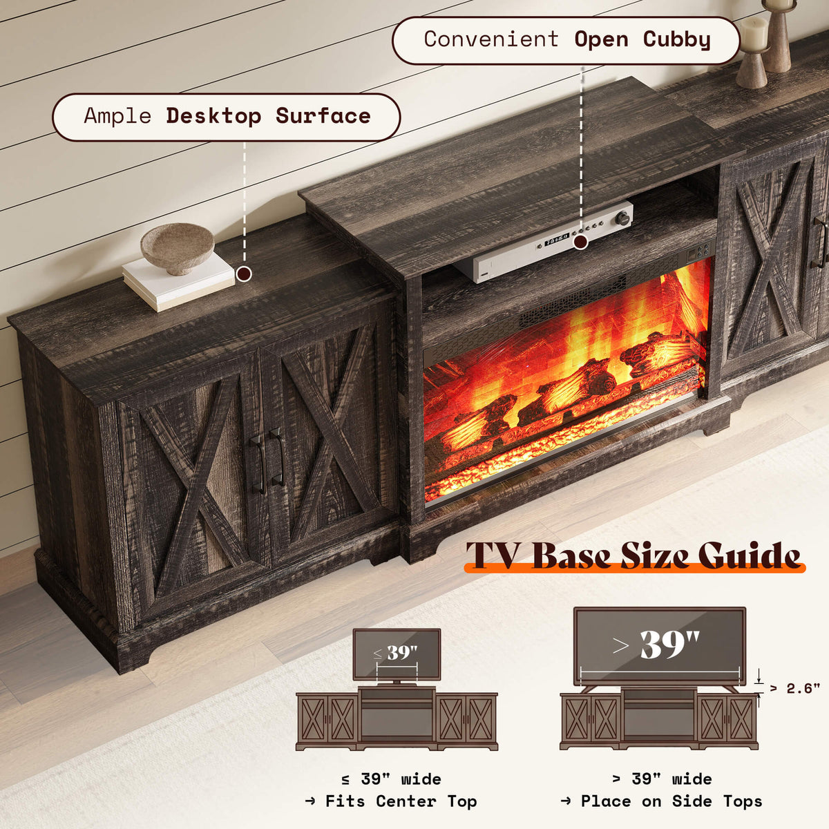Vista Extra-Wide Fireplace TV Stand Amerlife 97" / Rustic Black