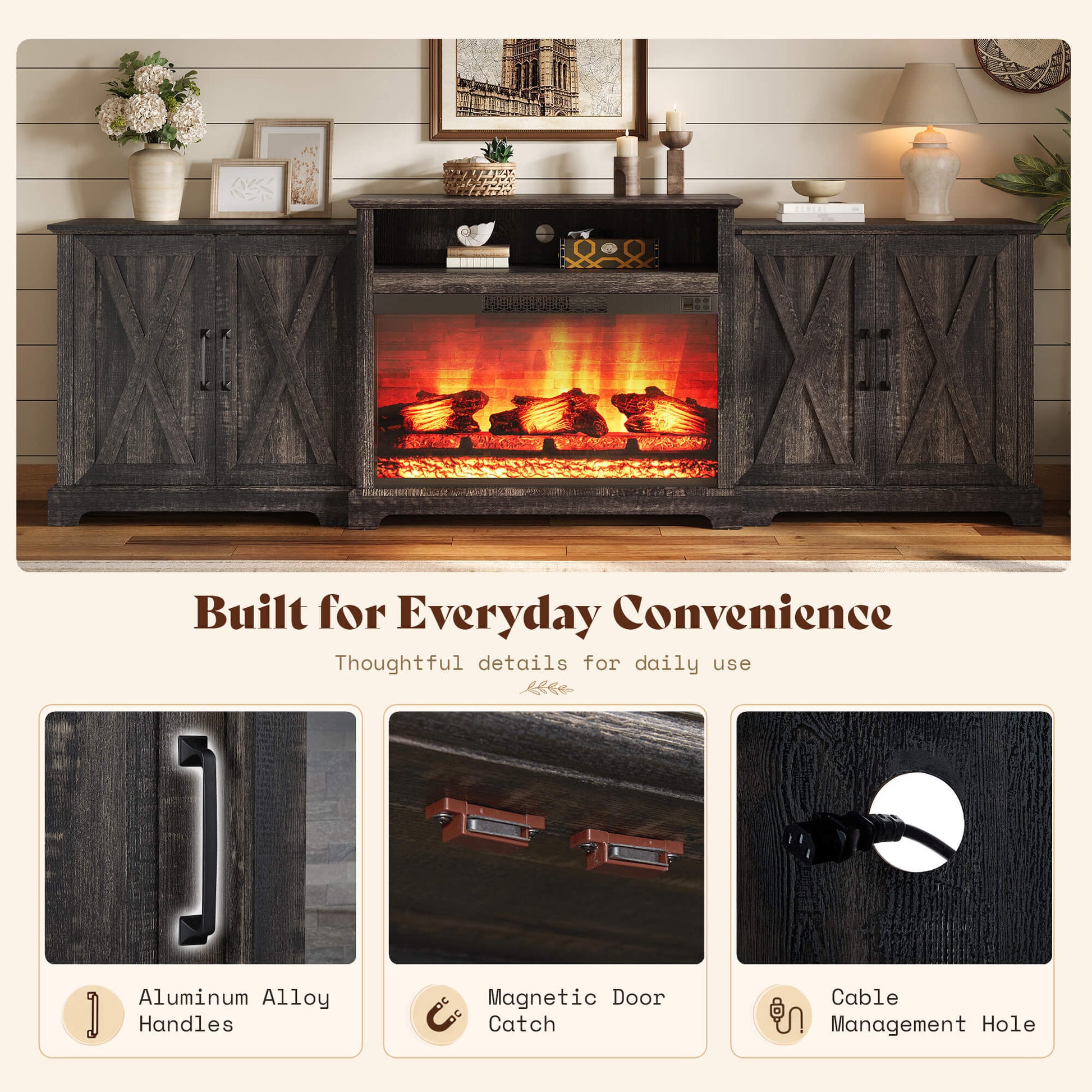 Vista Extra-Wide Fireplace TV Stand Amerlife 97" / Rustic Black