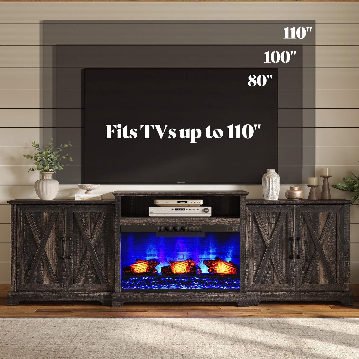 Vista Extra-Wide Fireplace TV Stand Amerlife 97" / Rustic Black