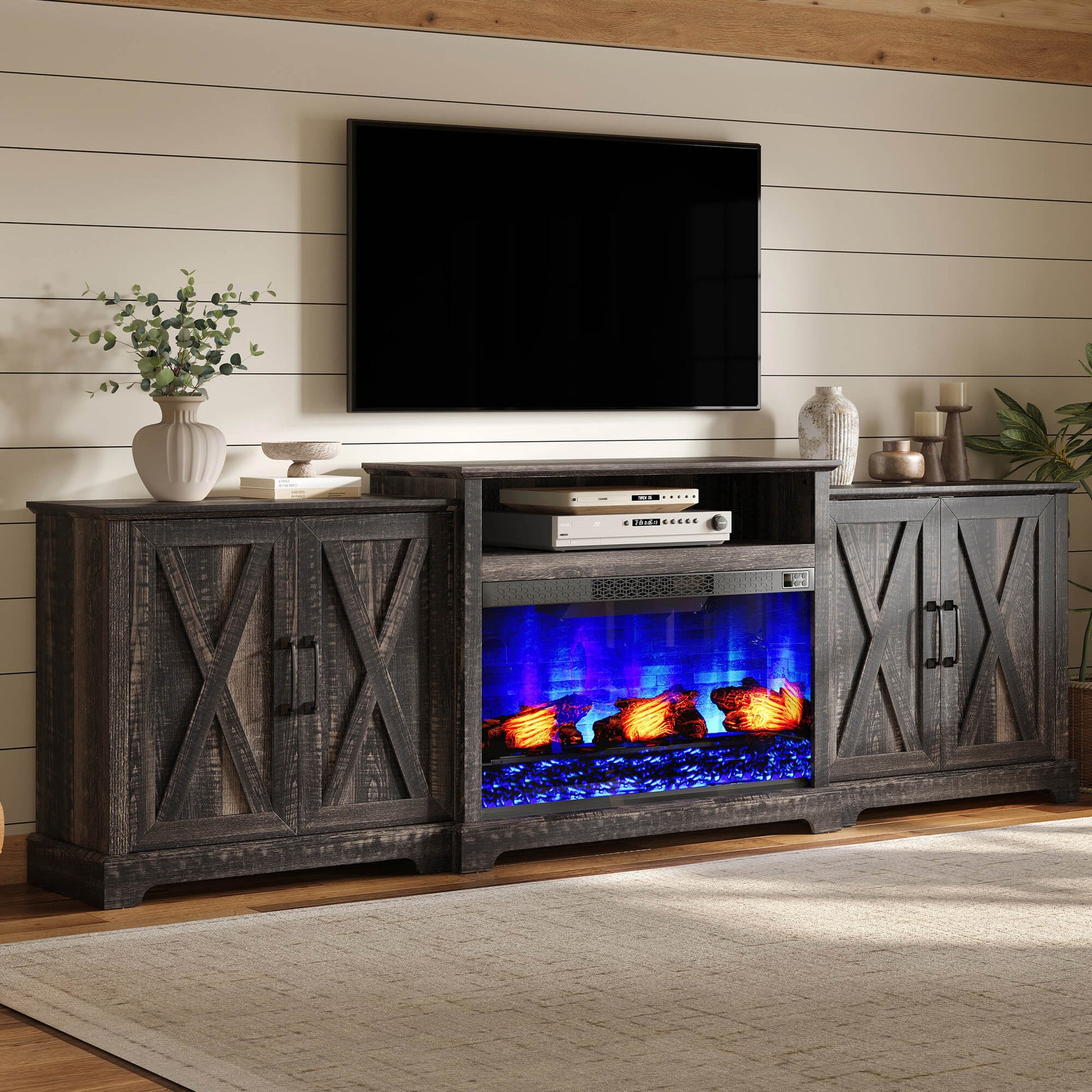 Vista Extra-Wide Fireplace TV Stand Amerlife 97" / Rustic Black