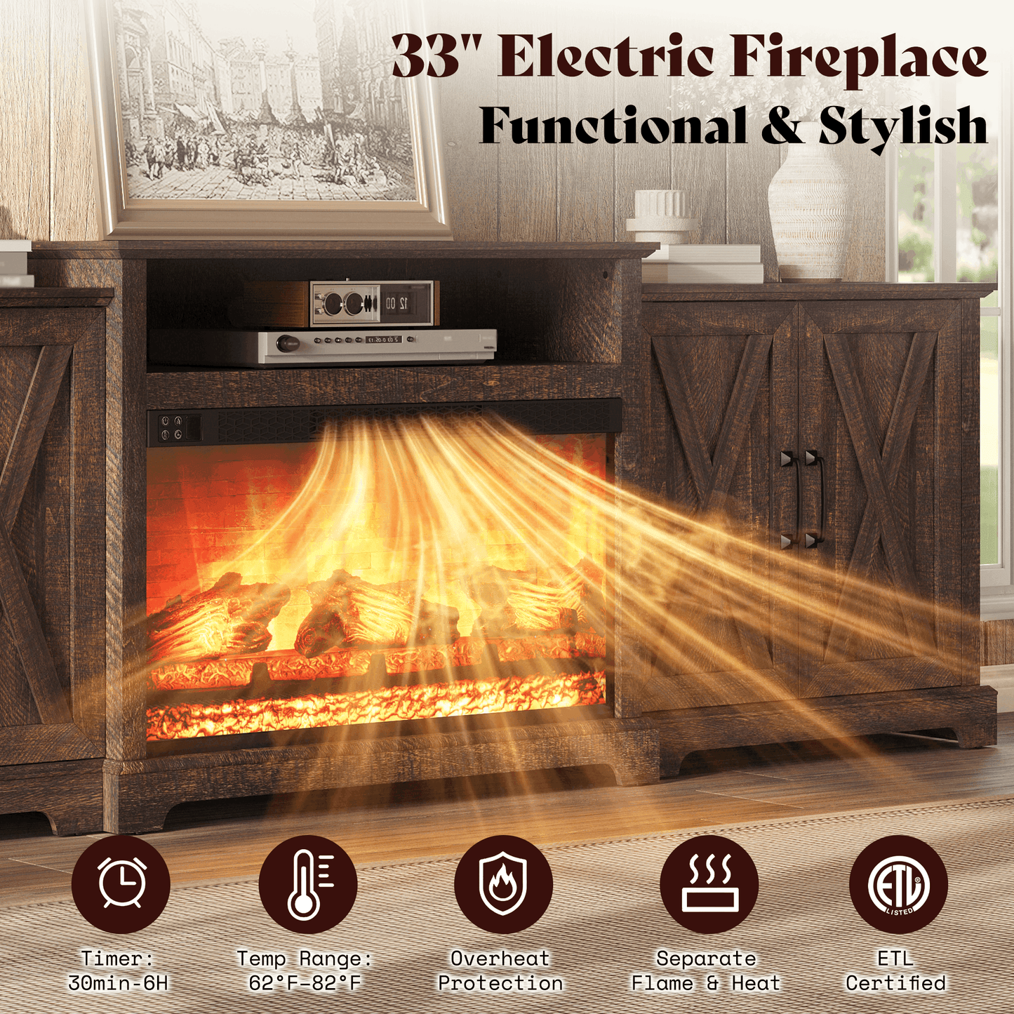 Vista Extra-Wide Fireplace TV Stand Amerlife 97" / Rustic Brown