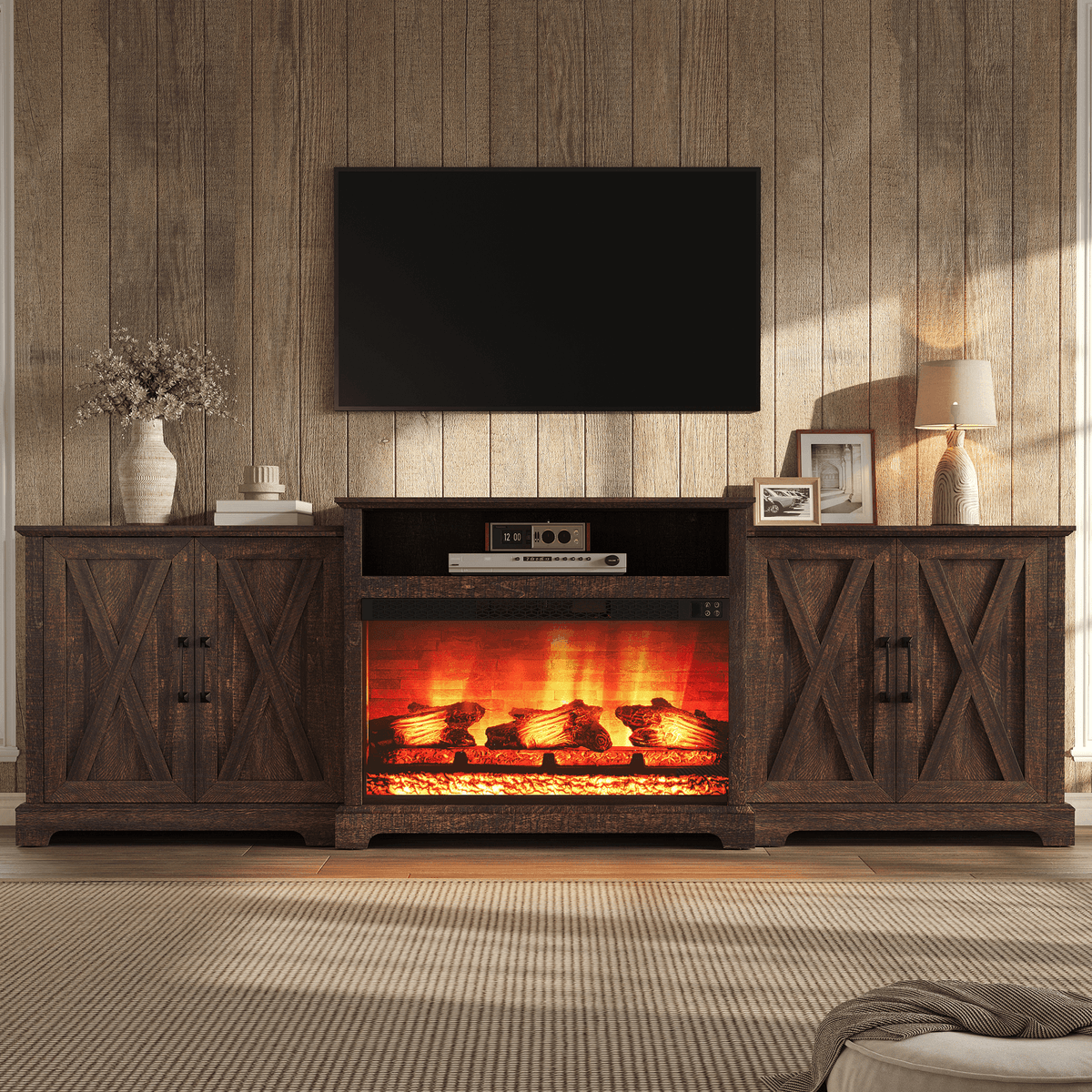Vista Extra-Wide Fireplace TV Stand Amerlife 97" / Rustic Brown