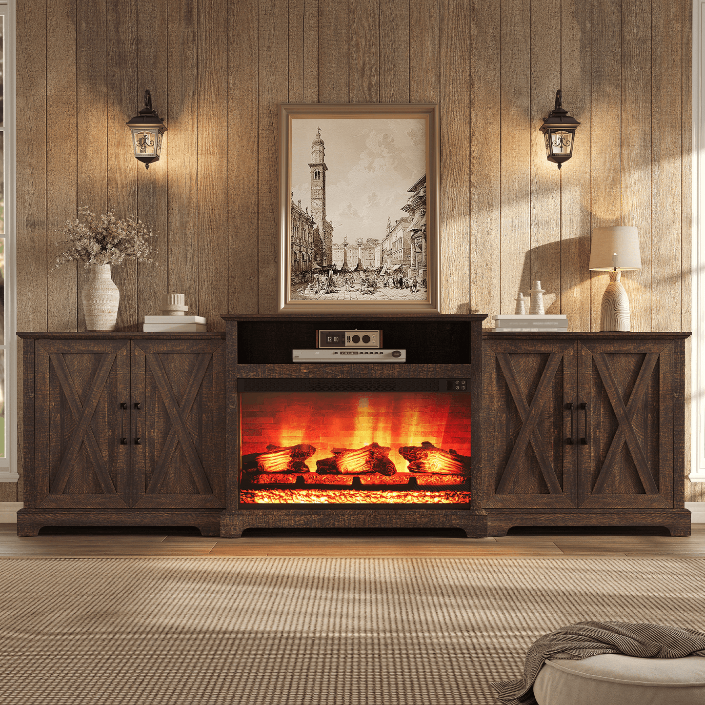 Vista Extra-Wide Fireplace TV Stand Amerlife 97" / Rustic Brown