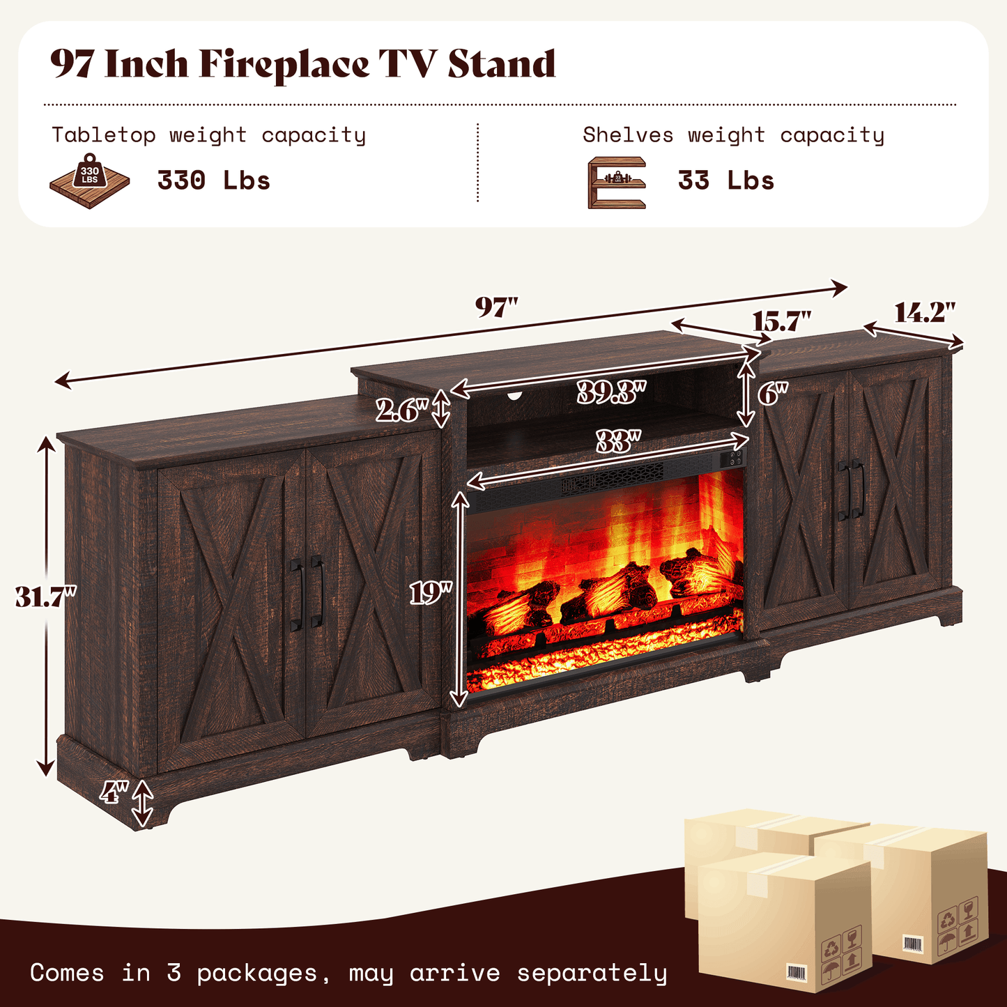 Vista Extra-Wide Fireplace TV Stand Amerlife 97" / Rustic Brown