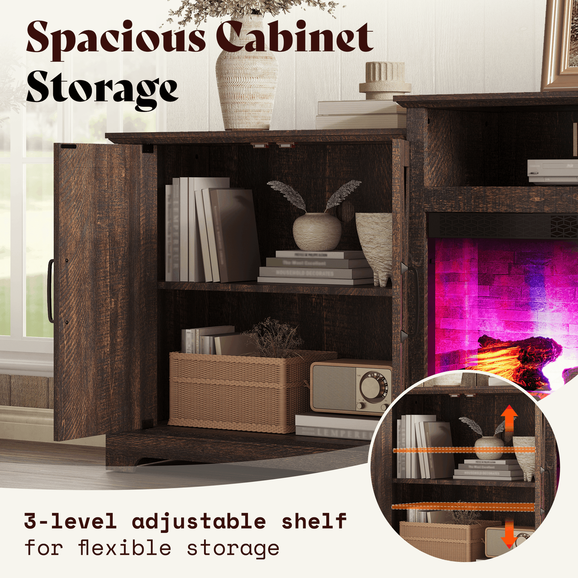 Vista Extra-Wide Fireplace TV Stand Amerlife 97" / Rustic Brown