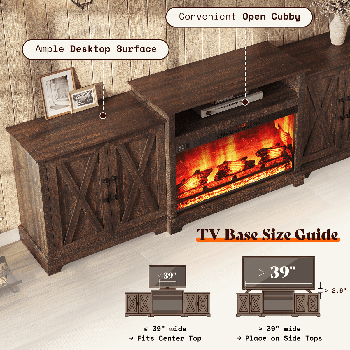 Vista Extra-Wide Fireplace TV Stand Amerlife 97" / Rustic Brown