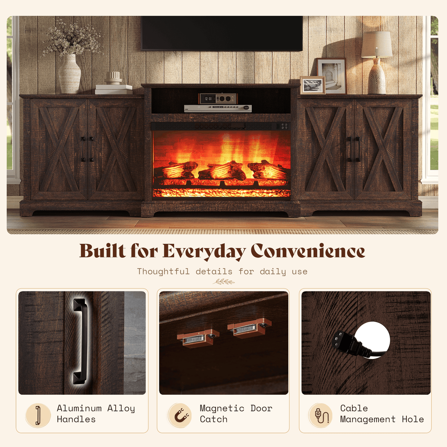 Vista Extra-Wide Fireplace TV Stand Amerlife 97" / Rustic Brown