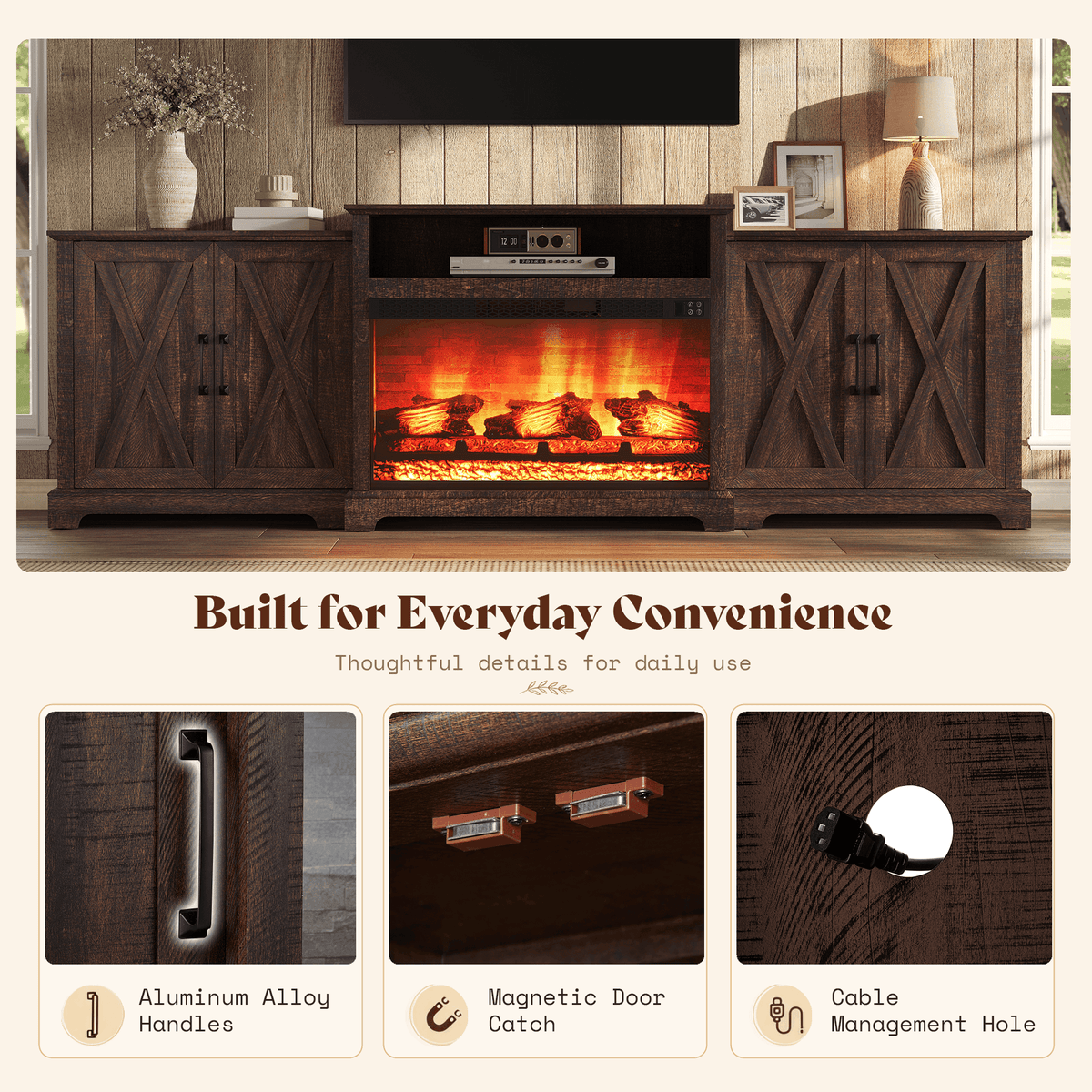Vista Extra-Wide Fireplace TV Stand Amerlife 97" / Rustic Brown