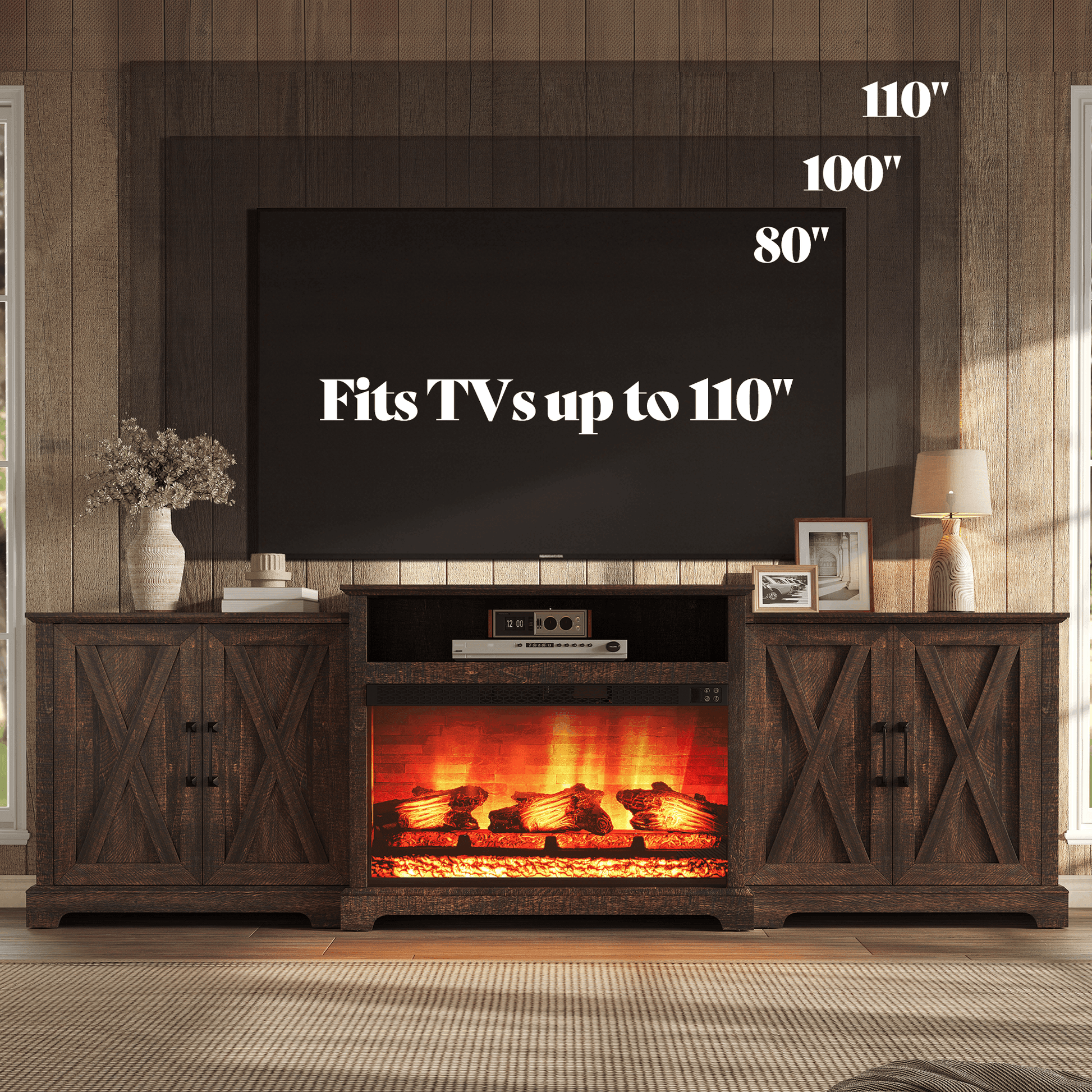 Vista Extra-Wide Fireplace TV Stand Amerlife 97" / Rustic Brown