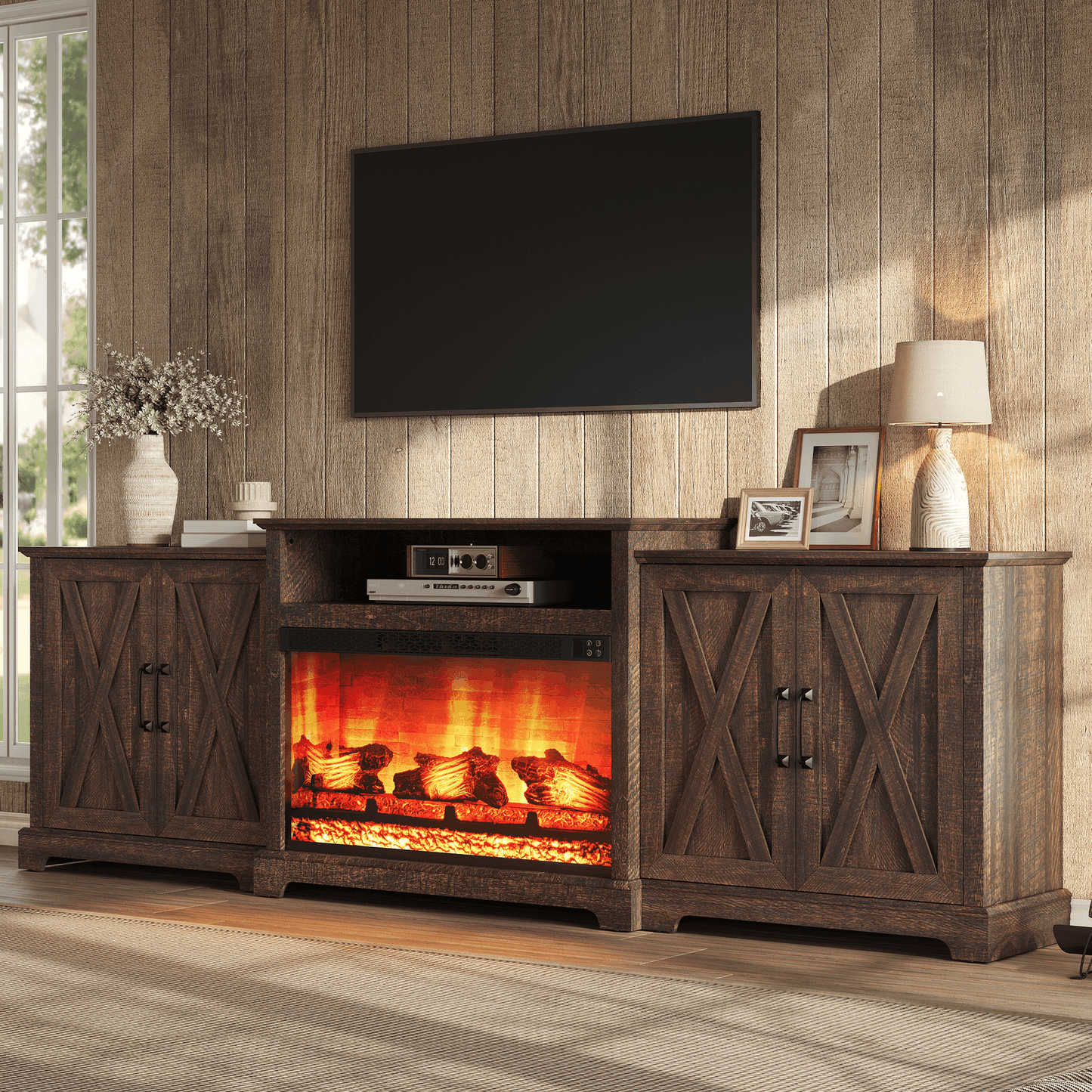 Vista Extra-Wide Fireplace TV Stand Amerlife 97" / Rustic Brown