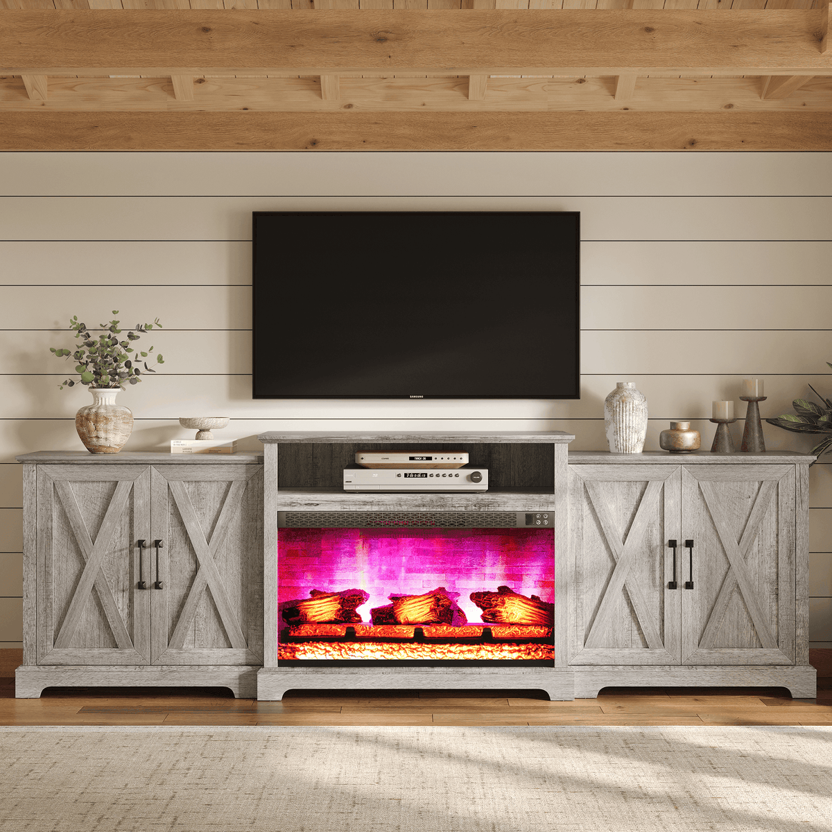 Vista Extra-Wide Fireplace TV Stand Amerlife 97" / Light Grey