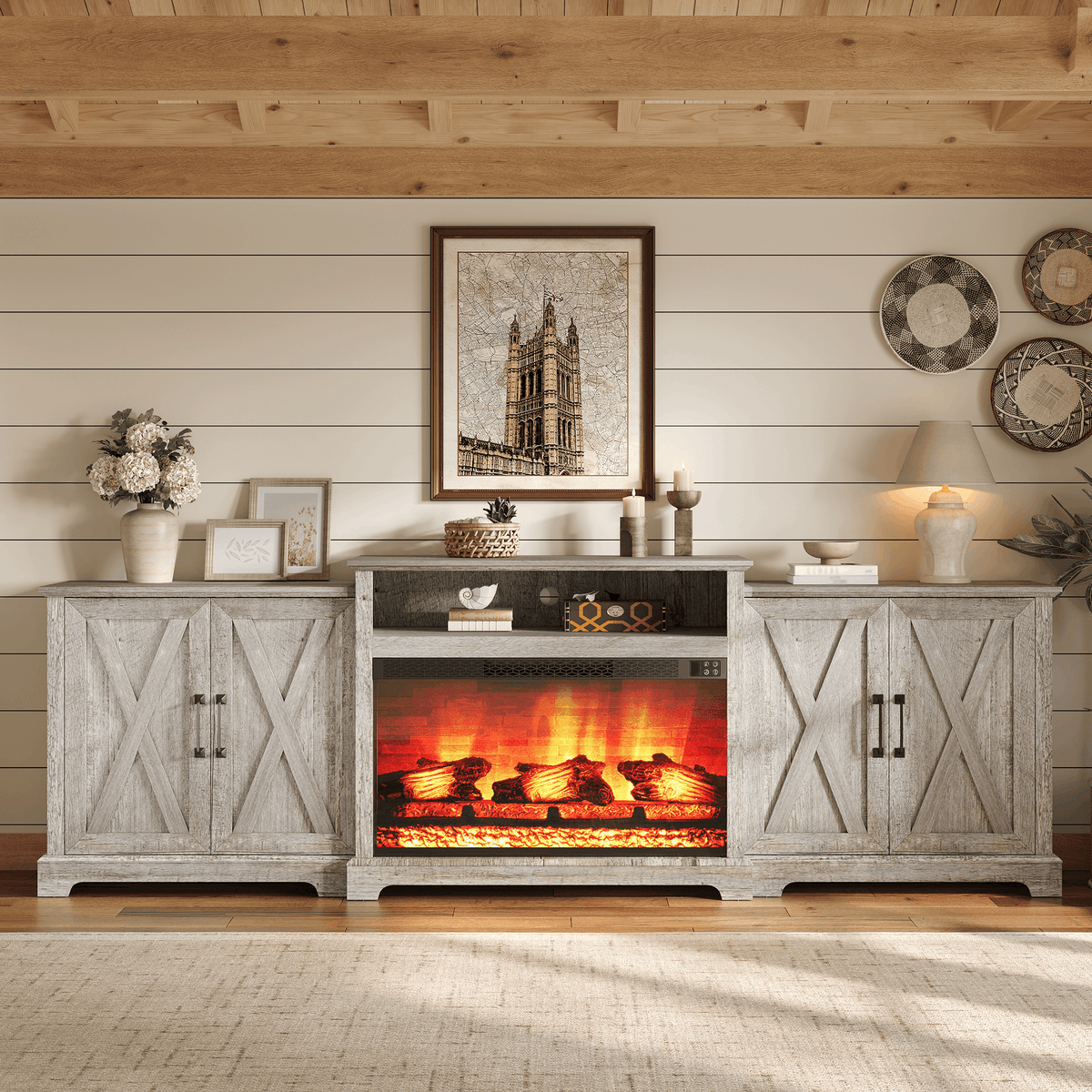 Vista Extra-Wide Fireplace TV Stand Amerlife 97" / Light Grey