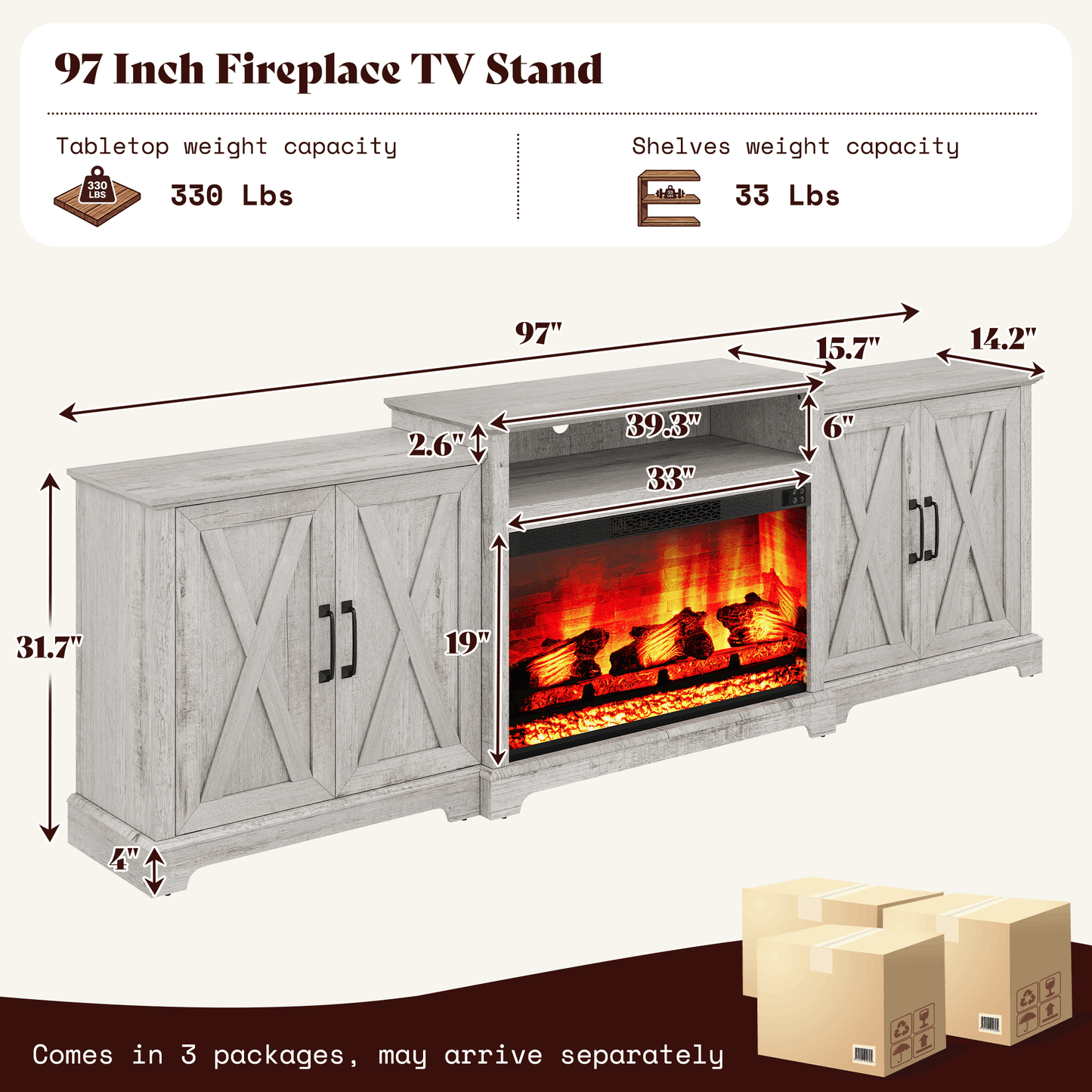 Vista Extra-Wide Fireplace TV Stand Amerlife 97" / Light Grey