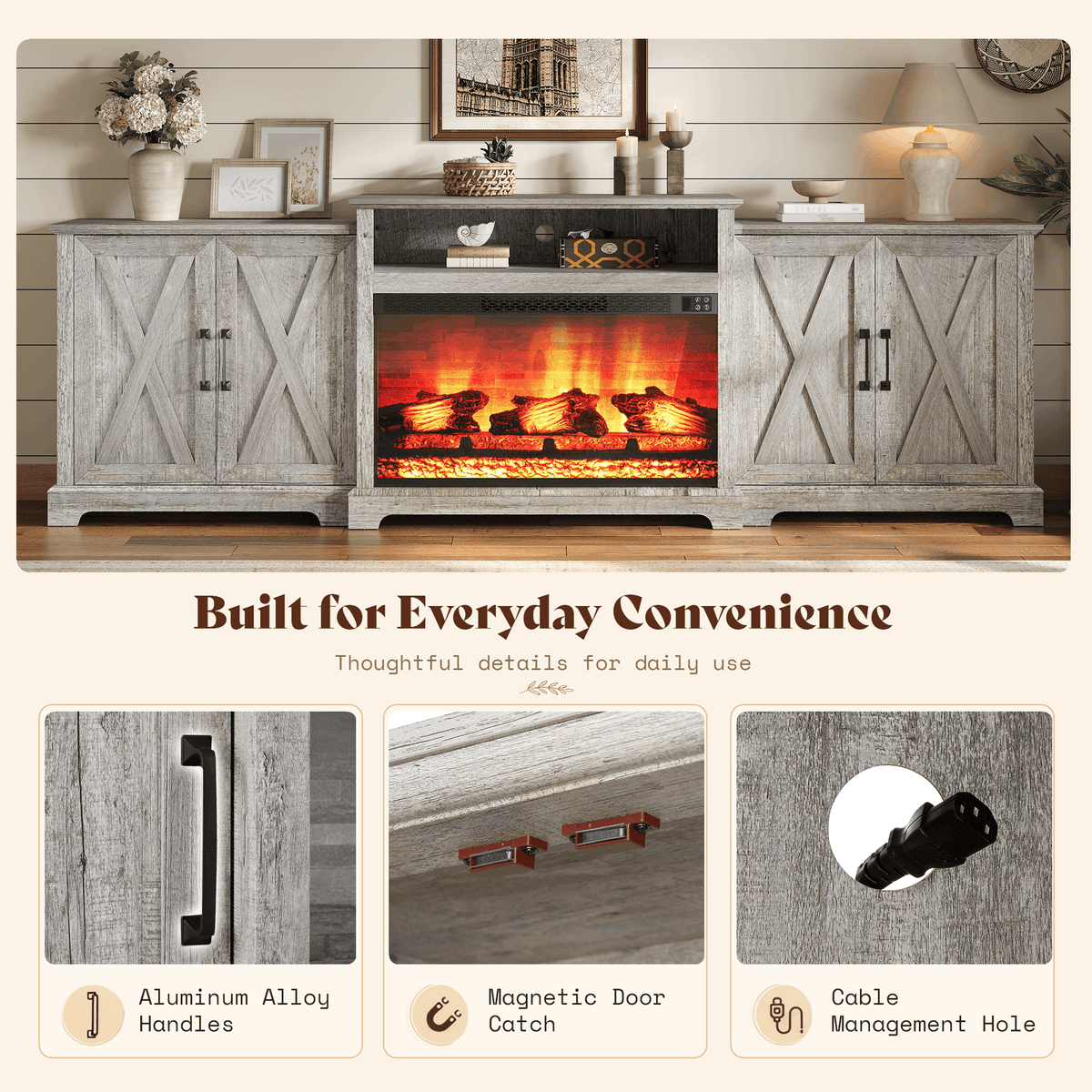 Vista Extra-Wide Fireplace TV Stand Amerlife 97" / Light Grey