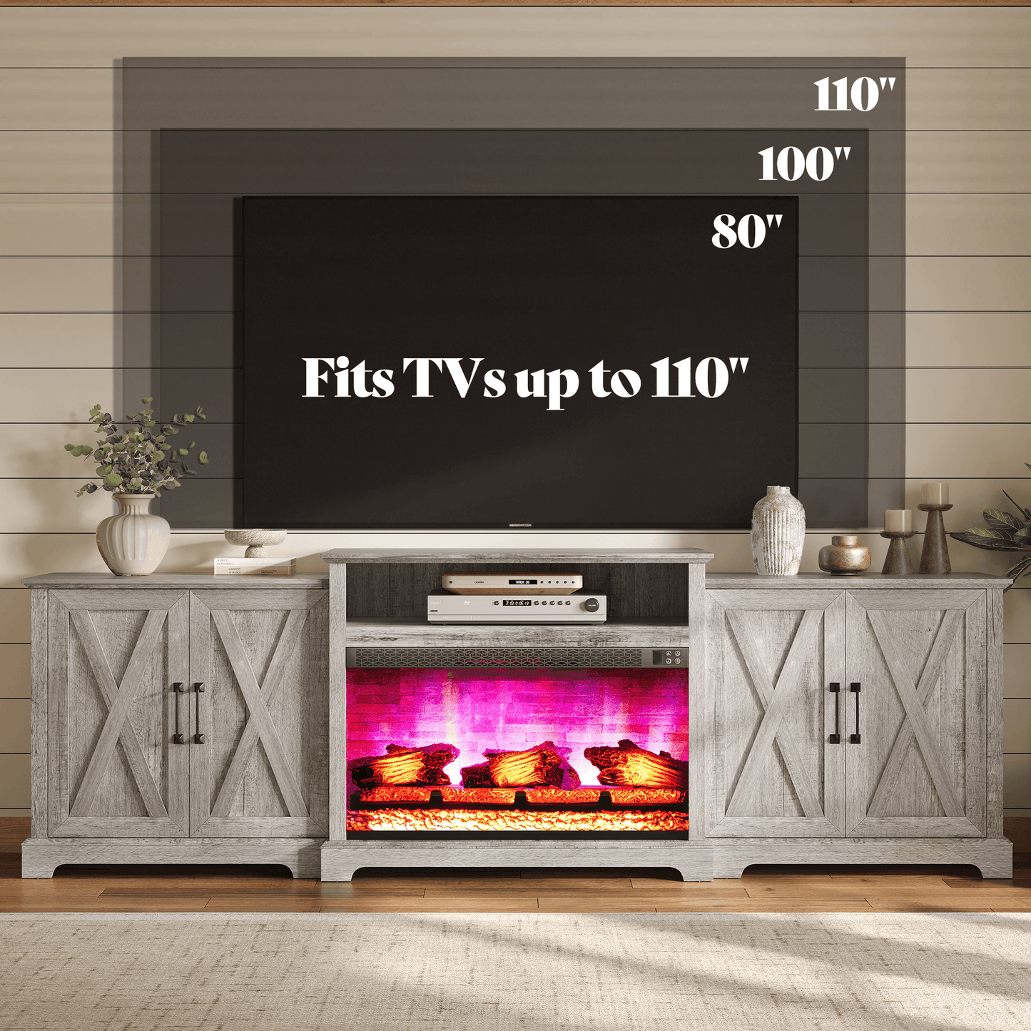 Vista Extra-Wide Fireplace TV Stand Amerlife 97" / Light Grey