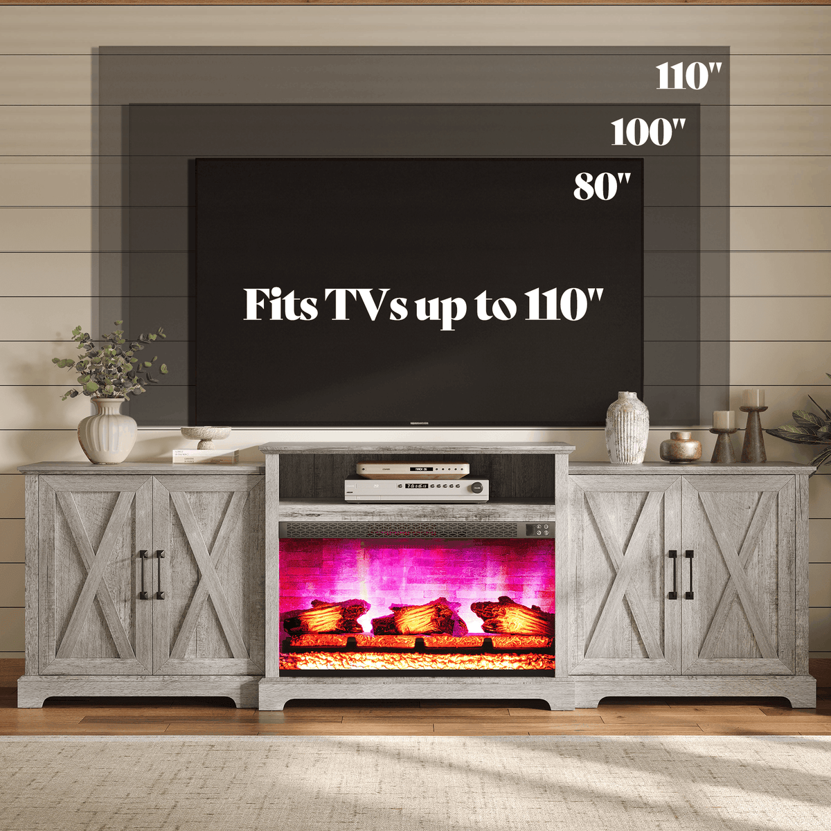 Vista Extra-Wide Fireplace TV Stand Amerlife 97" / Light Grey
