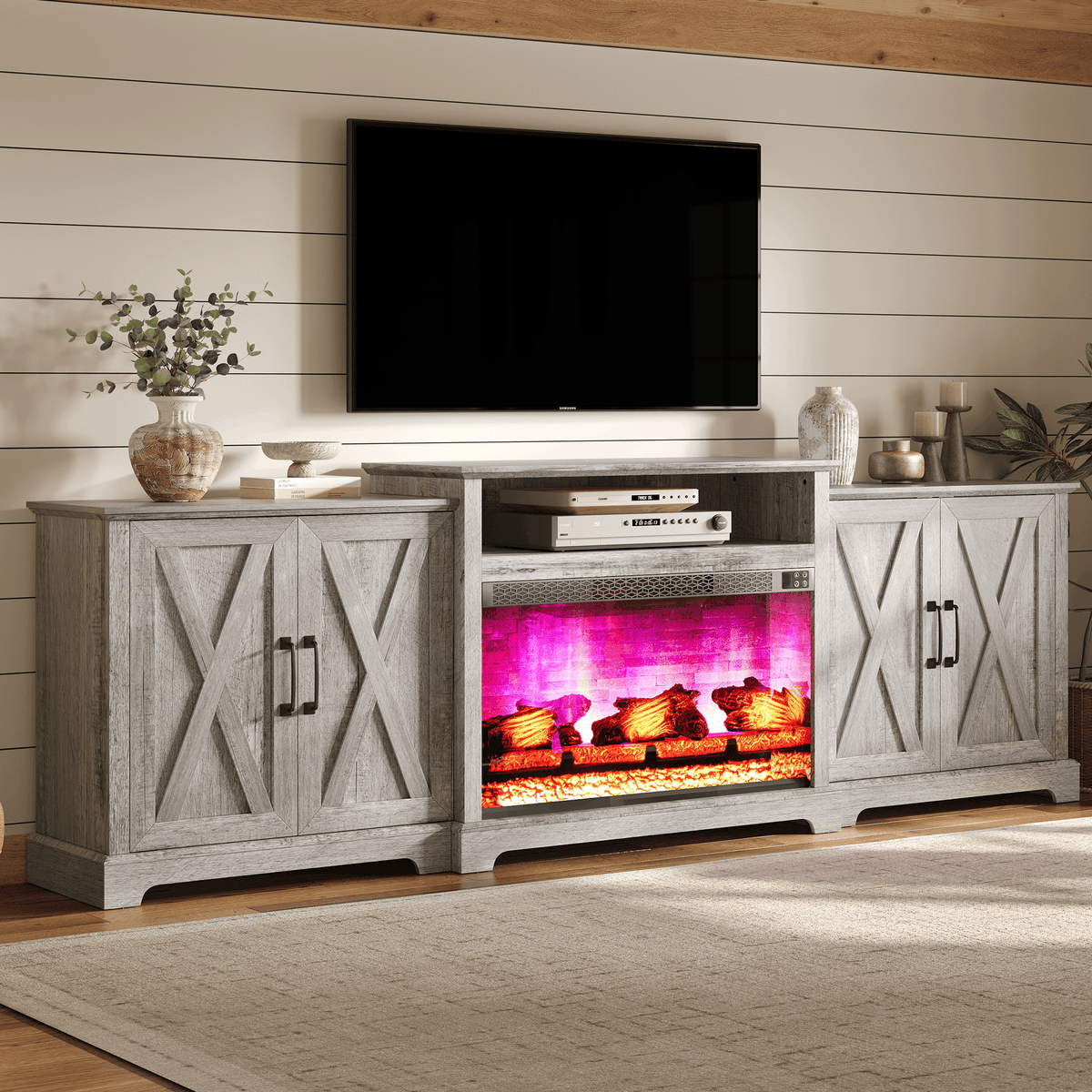 Vista Extra-Wide Fireplace TV Stand Amerlife 97" / Light Grey
