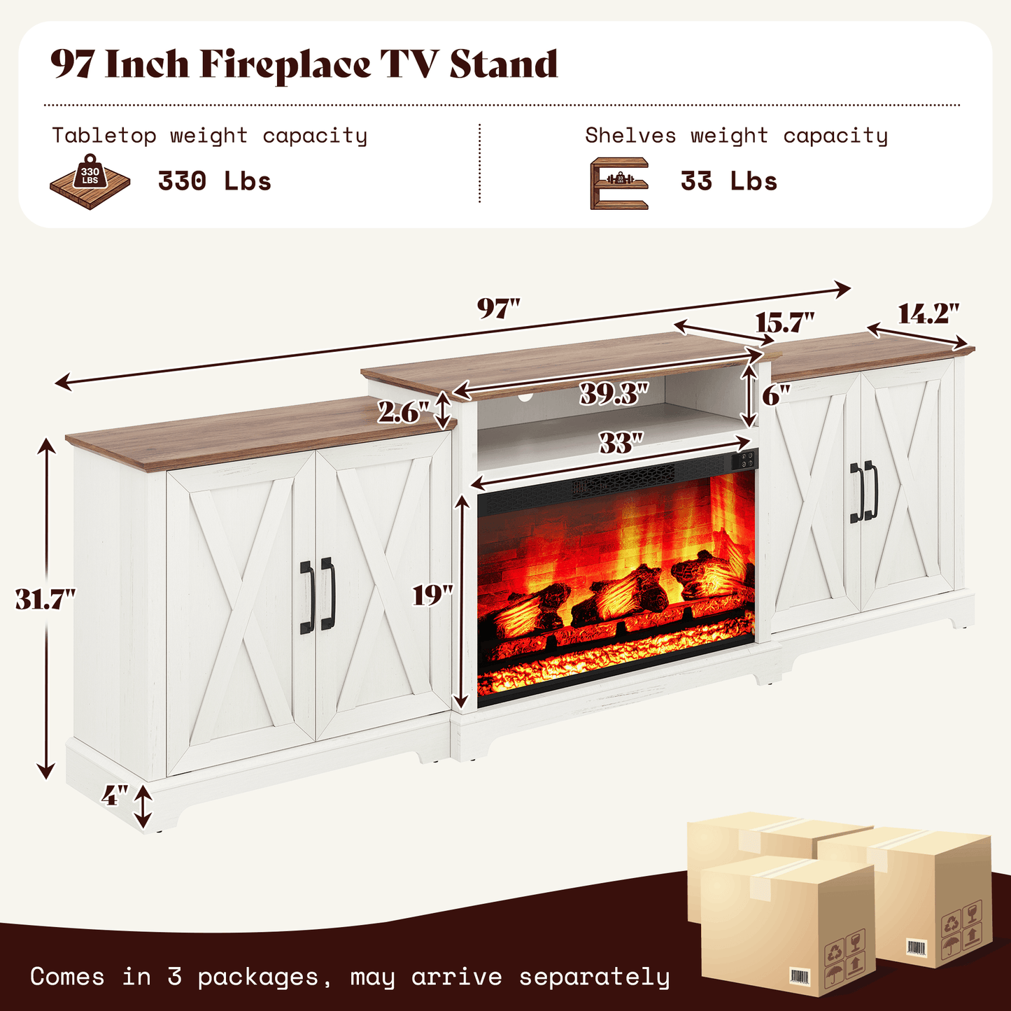 Vista Extra-Wide Fireplace TV Stand Amerlife 97" / White