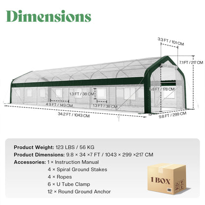 Canopy 34x10 FT Walk-In Greenhouse with Watering System-White+Green-34x10 FT(Frame NOT Included)