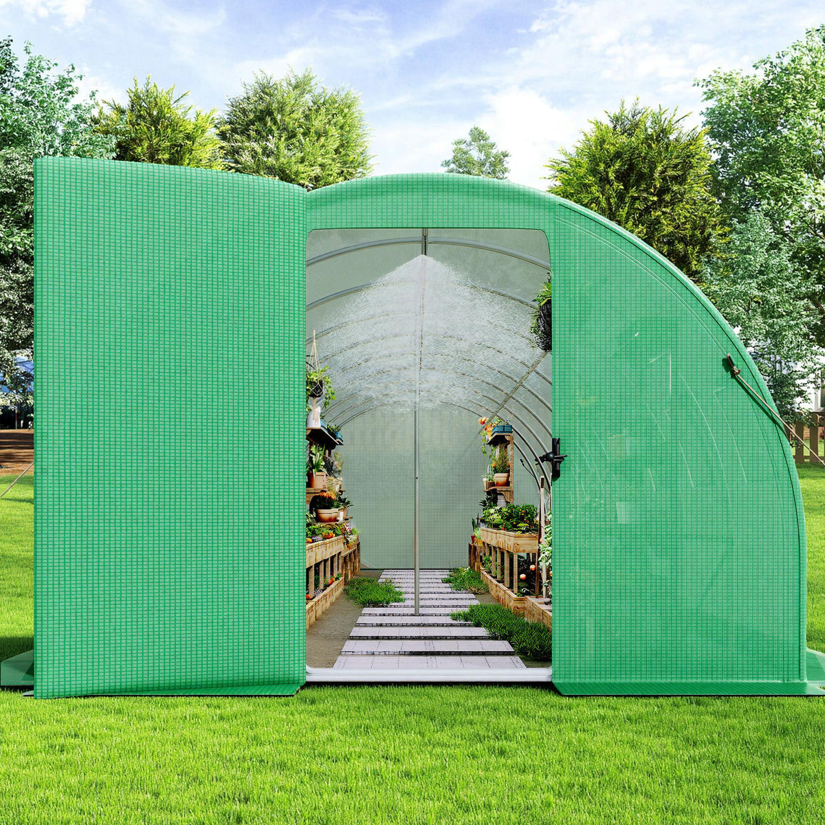 Pro Walk-In Greenhouse with Sprinkler System-30x10 FT-Green
